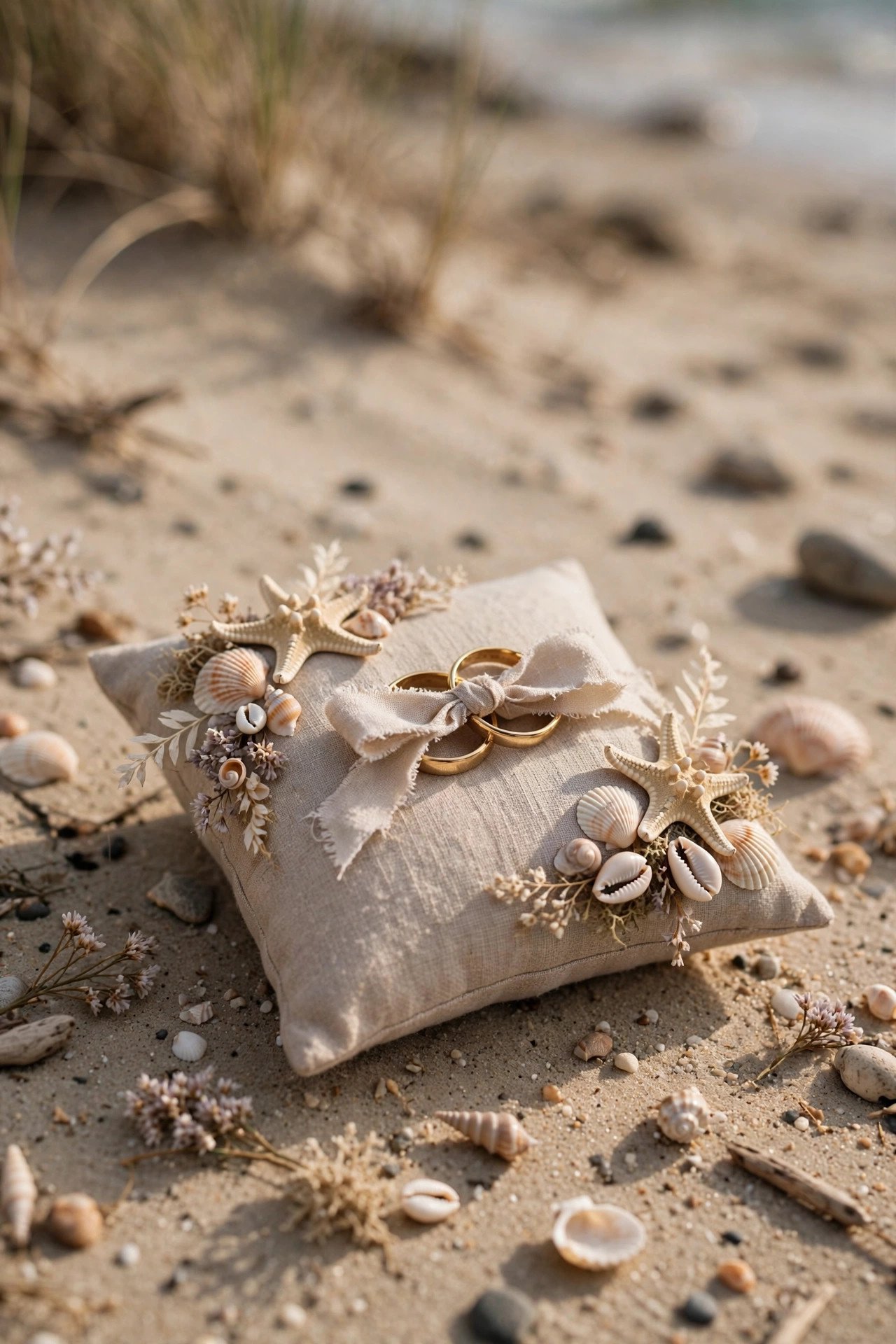 Seashell Beach Pillow — ring bearer pillow with satin ribbon and wedding bands