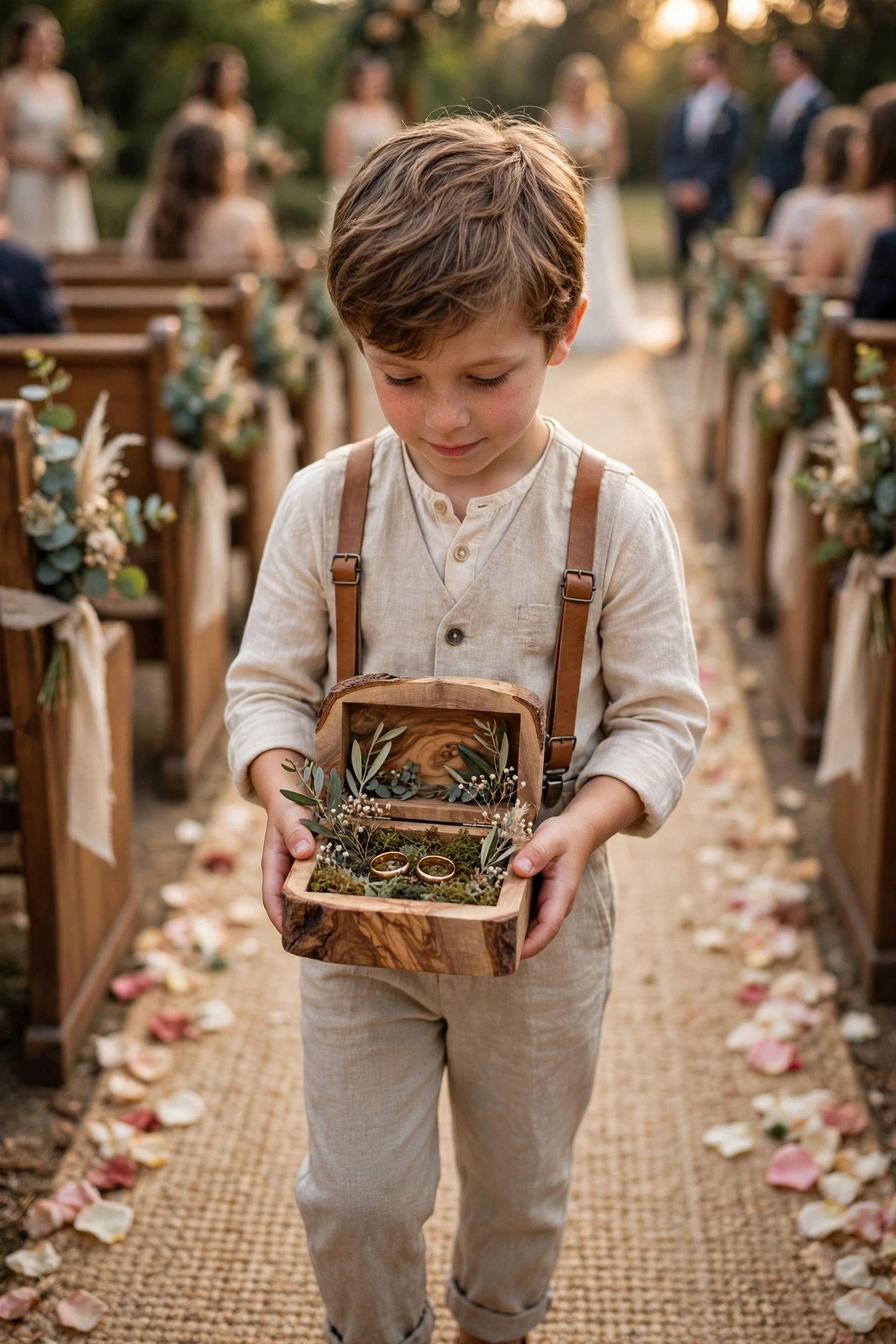 Wooden Ring Bearer Box Alternative — ring bearer pillow with satin ribbon and wedding bands