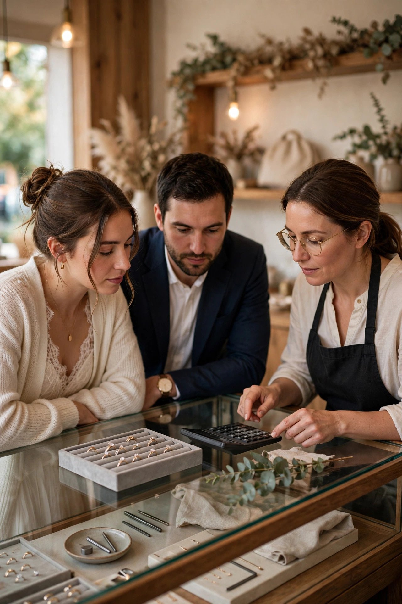 Set Your Ring Budget First — couple shopping for wedding rings at a jeweler