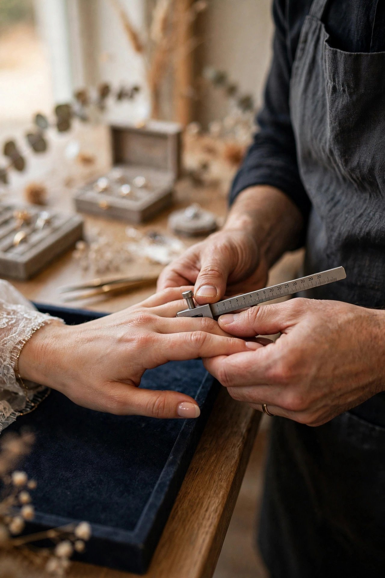 Get Sized at Two Stores — couple shopping for wedding rings at a jeweler