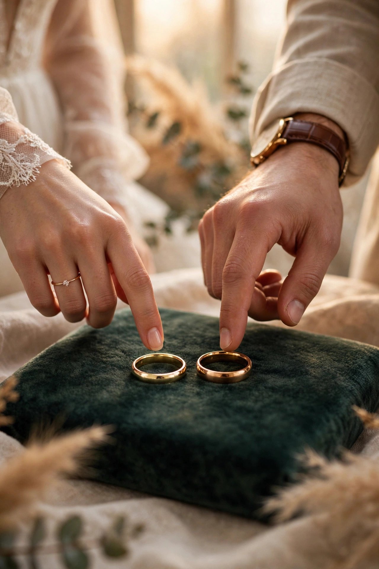 Compare 14K and 18K in Person — couple shopping for wedding rings at a jeweler
