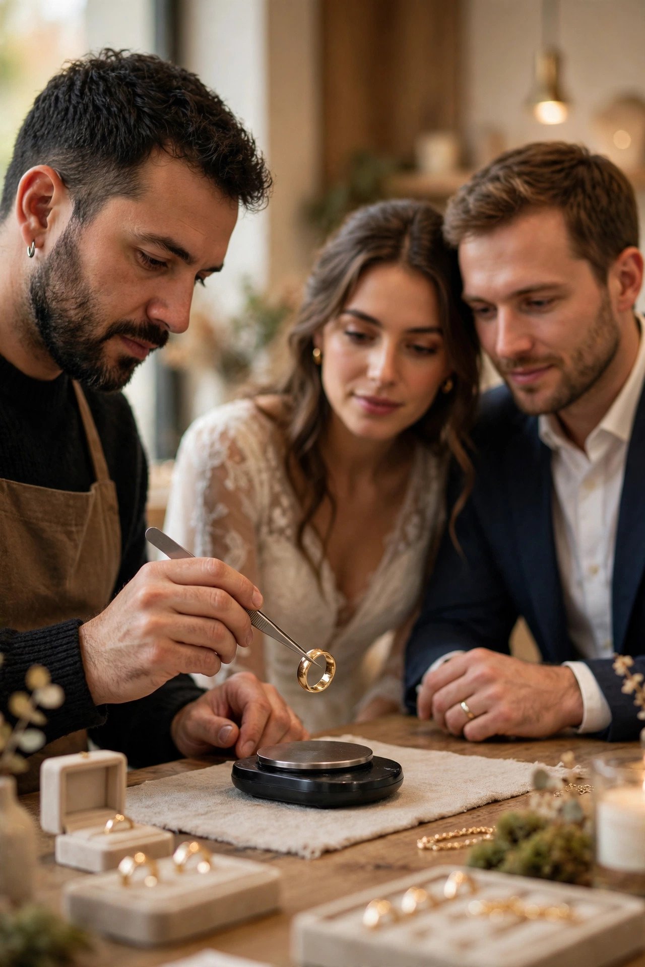 Ask About Metal Weight — couple shopping for wedding rings at a jeweler