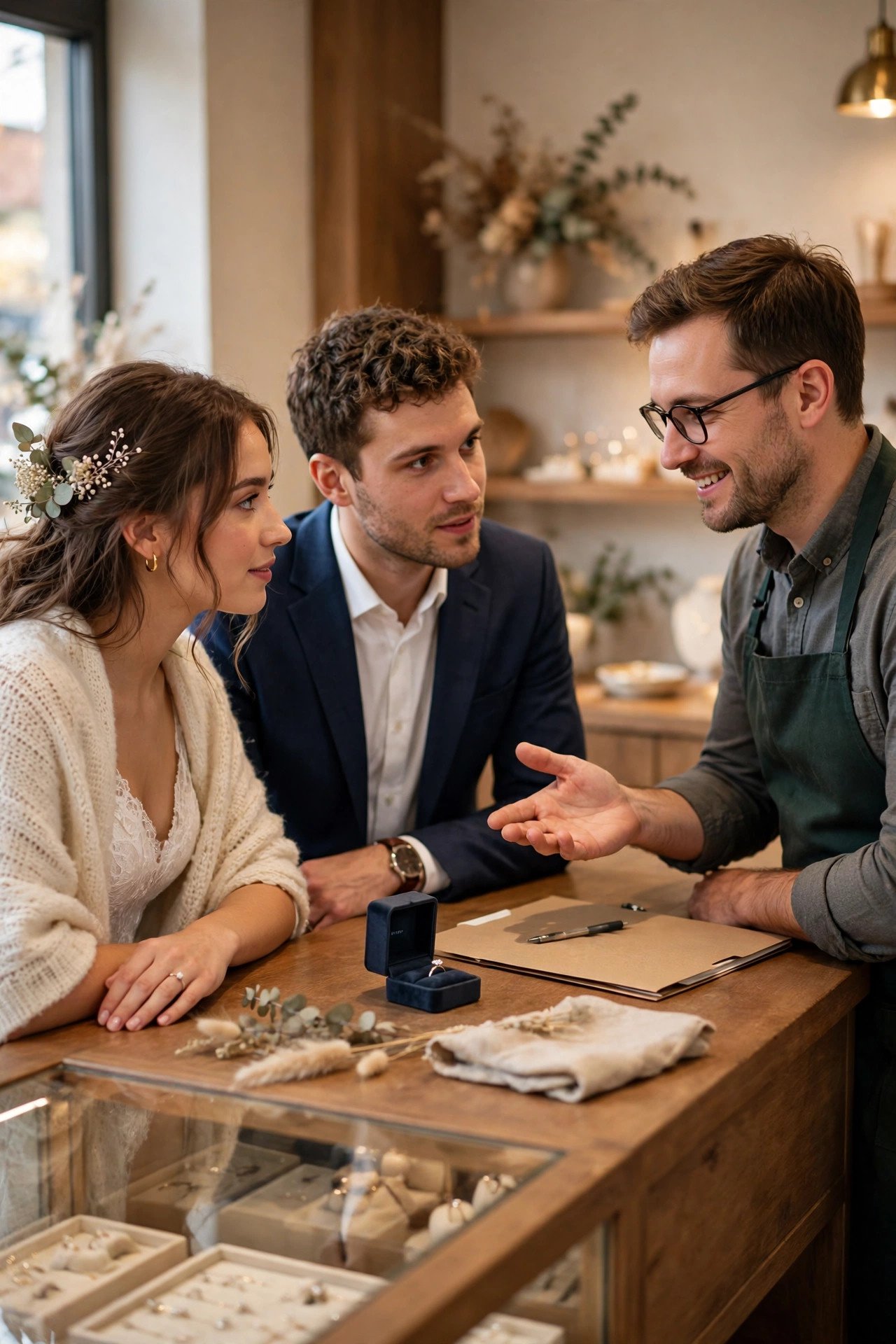 Check the Return Window — couple shopping for wedding rings at a jeweler
