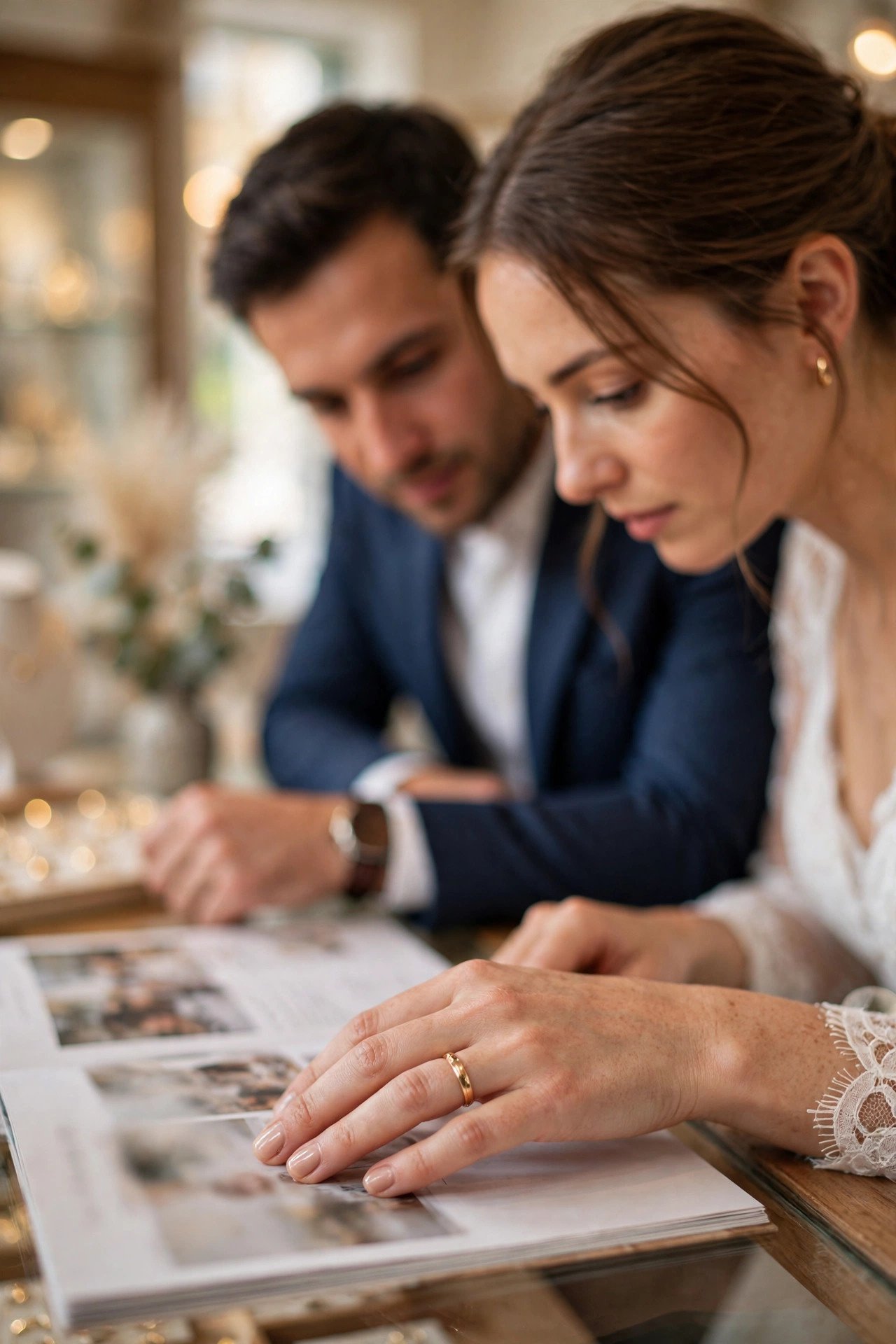 Read the Warranty Fine Print — couple shopping for wedding rings at a jeweler