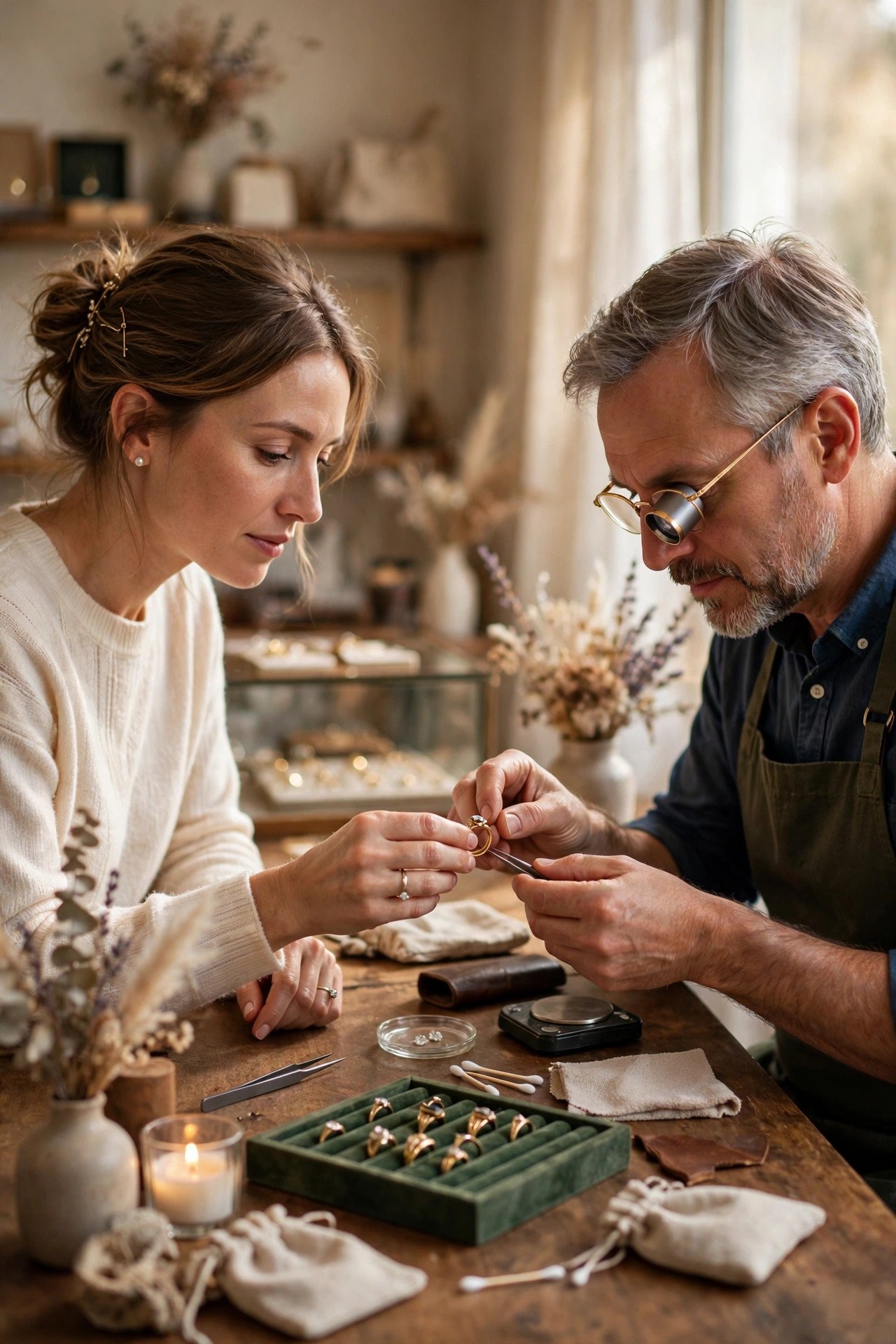 Ask About Trade-In Policies — couple shopping for wedding rings at a jeweler