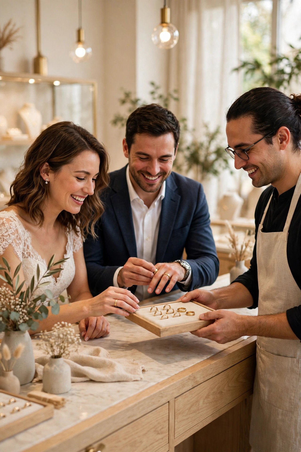 Couple trying on wedding bands together at a jewelry counter