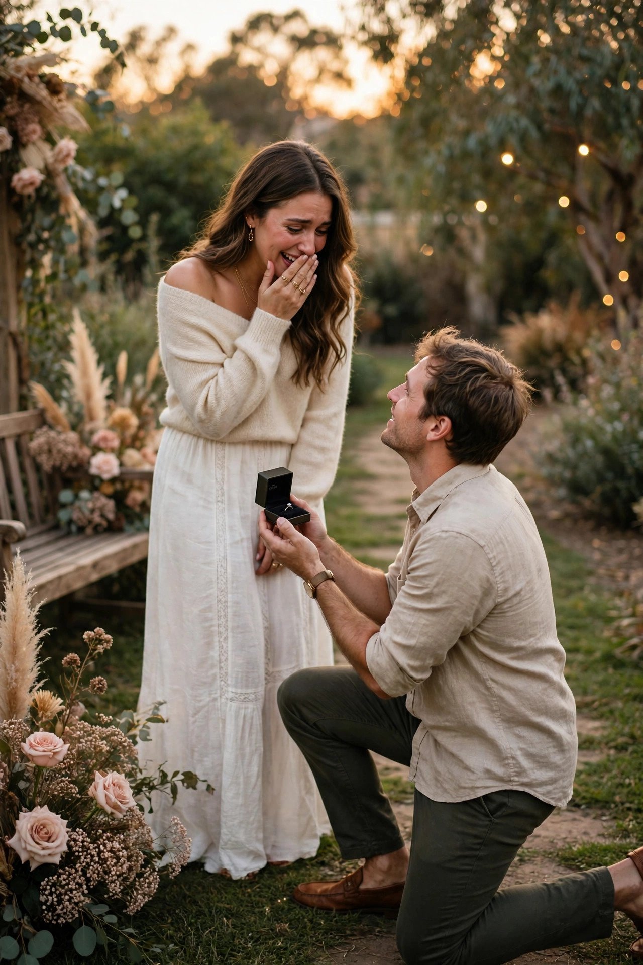 The Proposal Moment — engagement ring and wedding band compared side by side