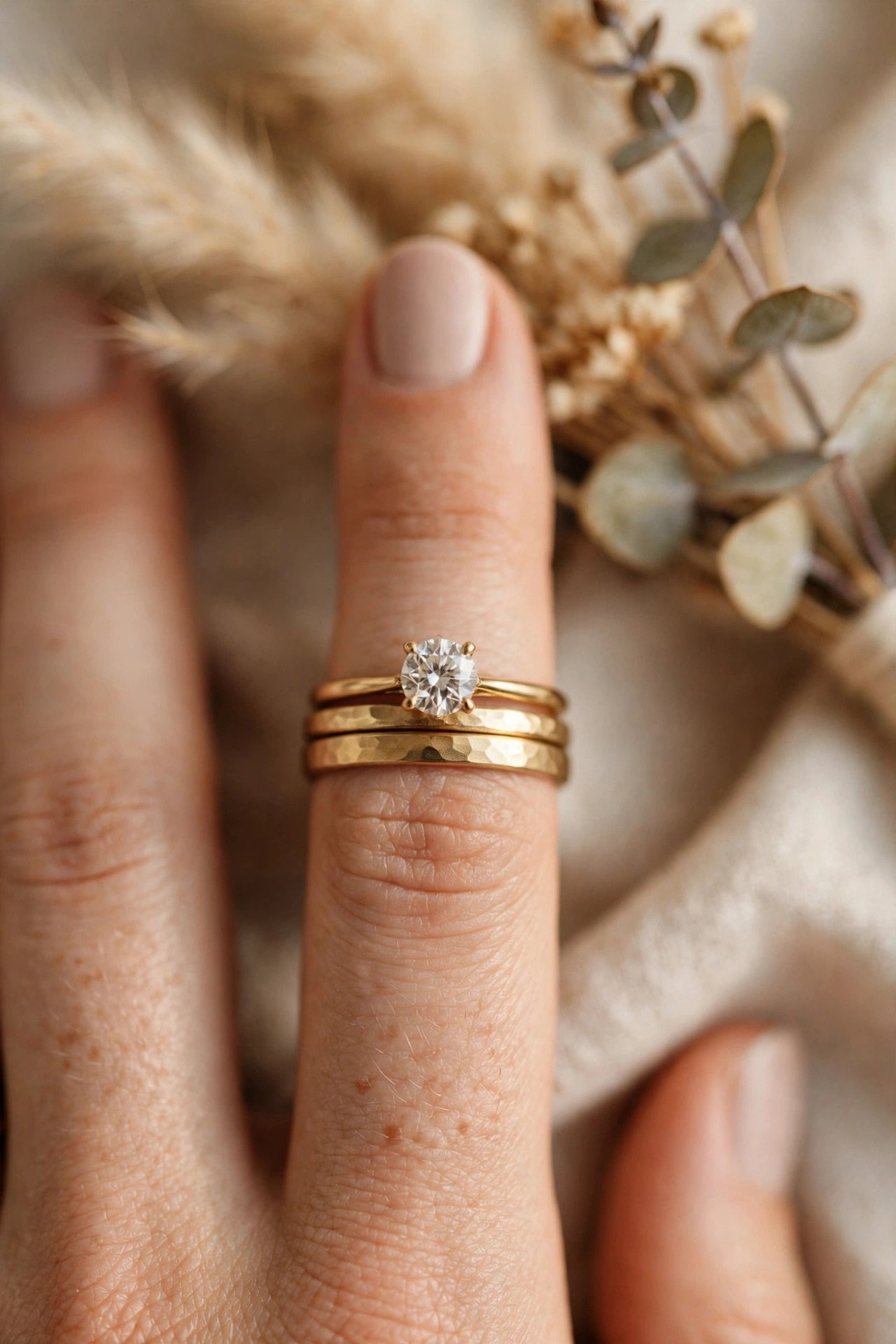 Engagement ring and wedding band stacked together on one finger