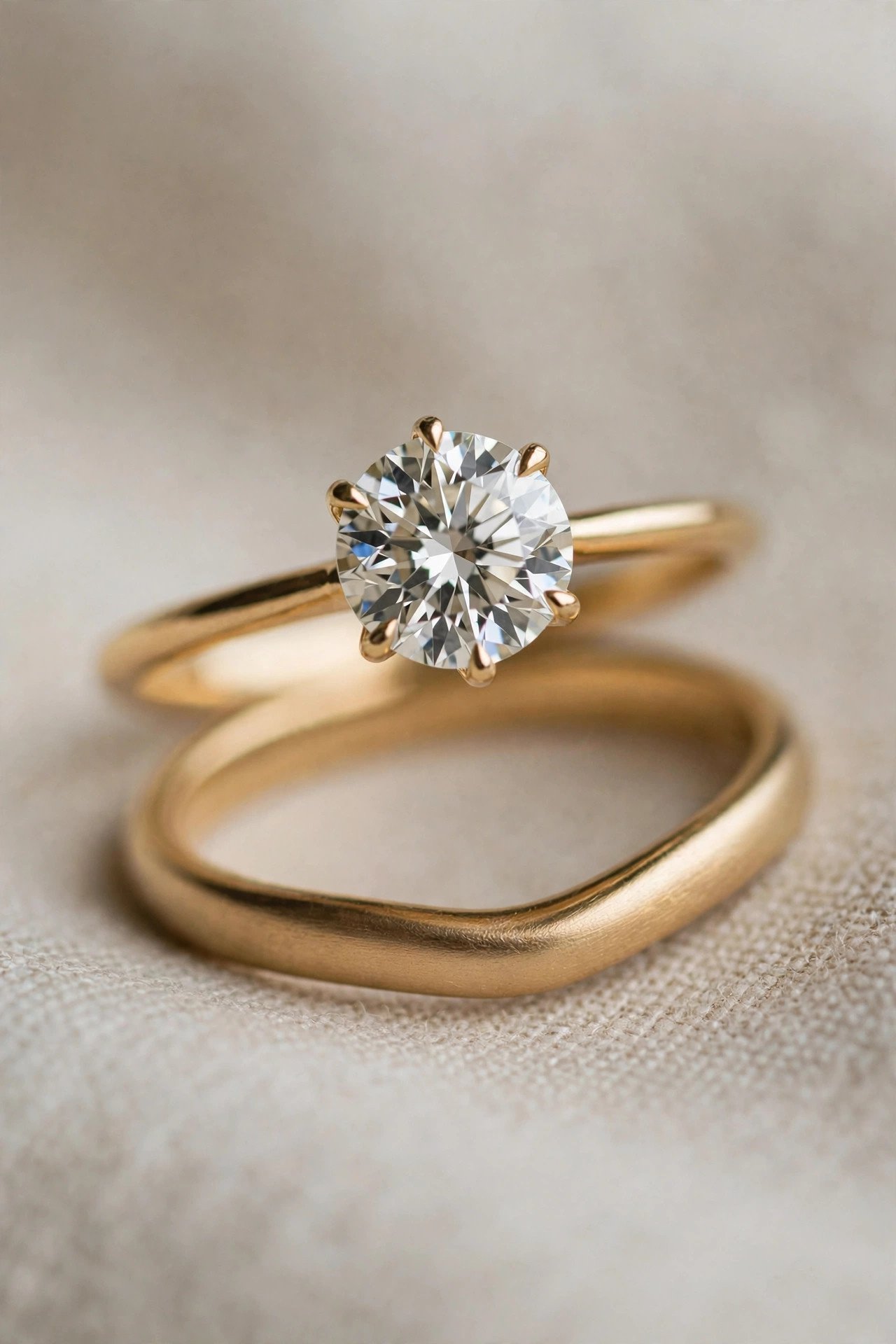 Curved gold band following the outline of a round solitaire engagement ring