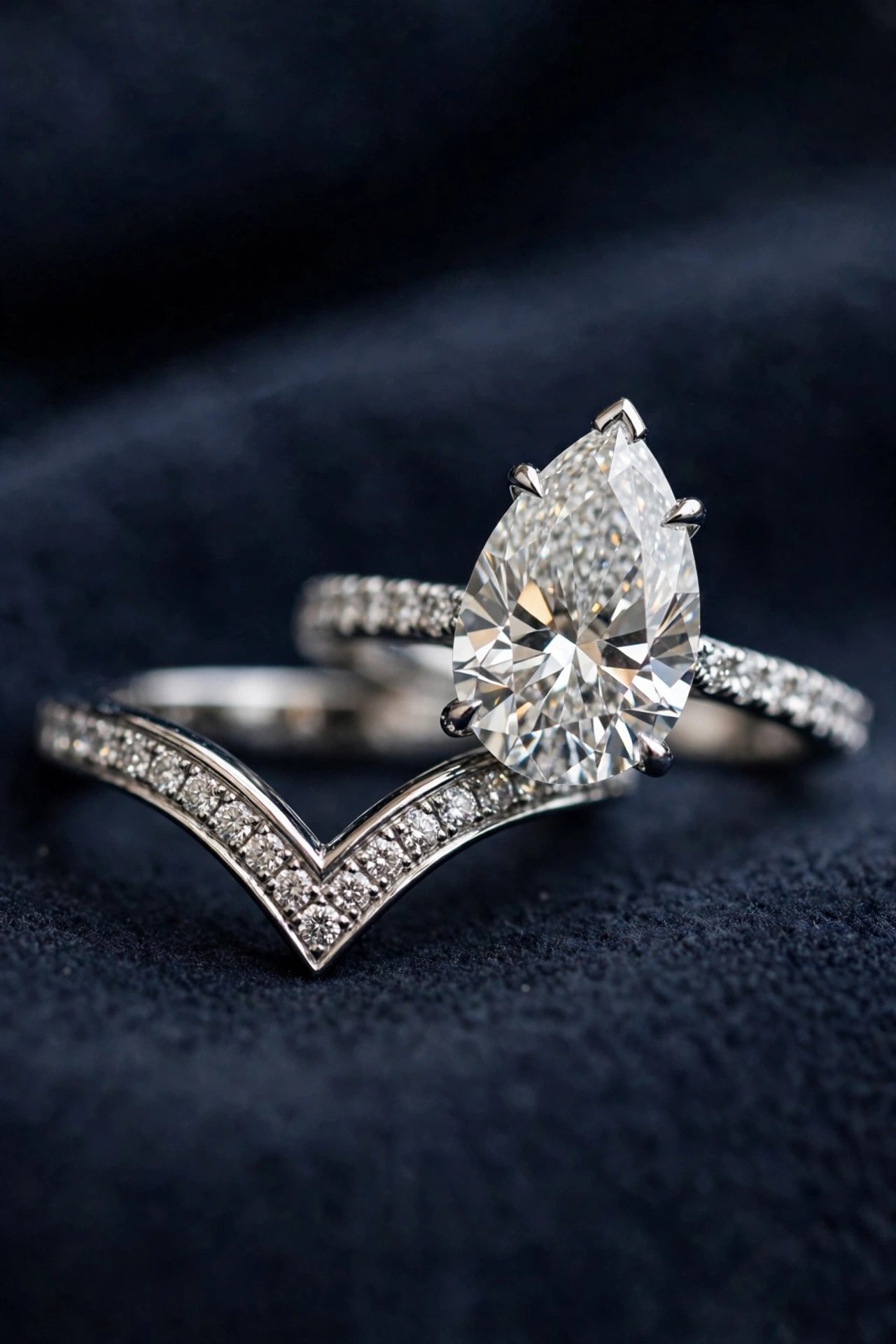 Diamond chevron wedding band paired with a pear shaped engagement ring