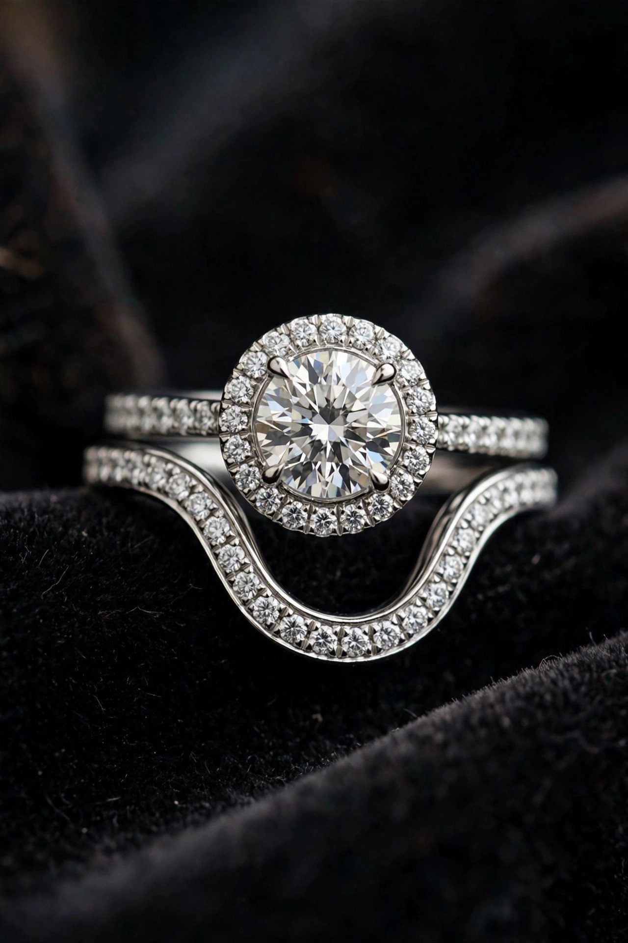 Deep curved diamond band wrapping around a halo engagement ring