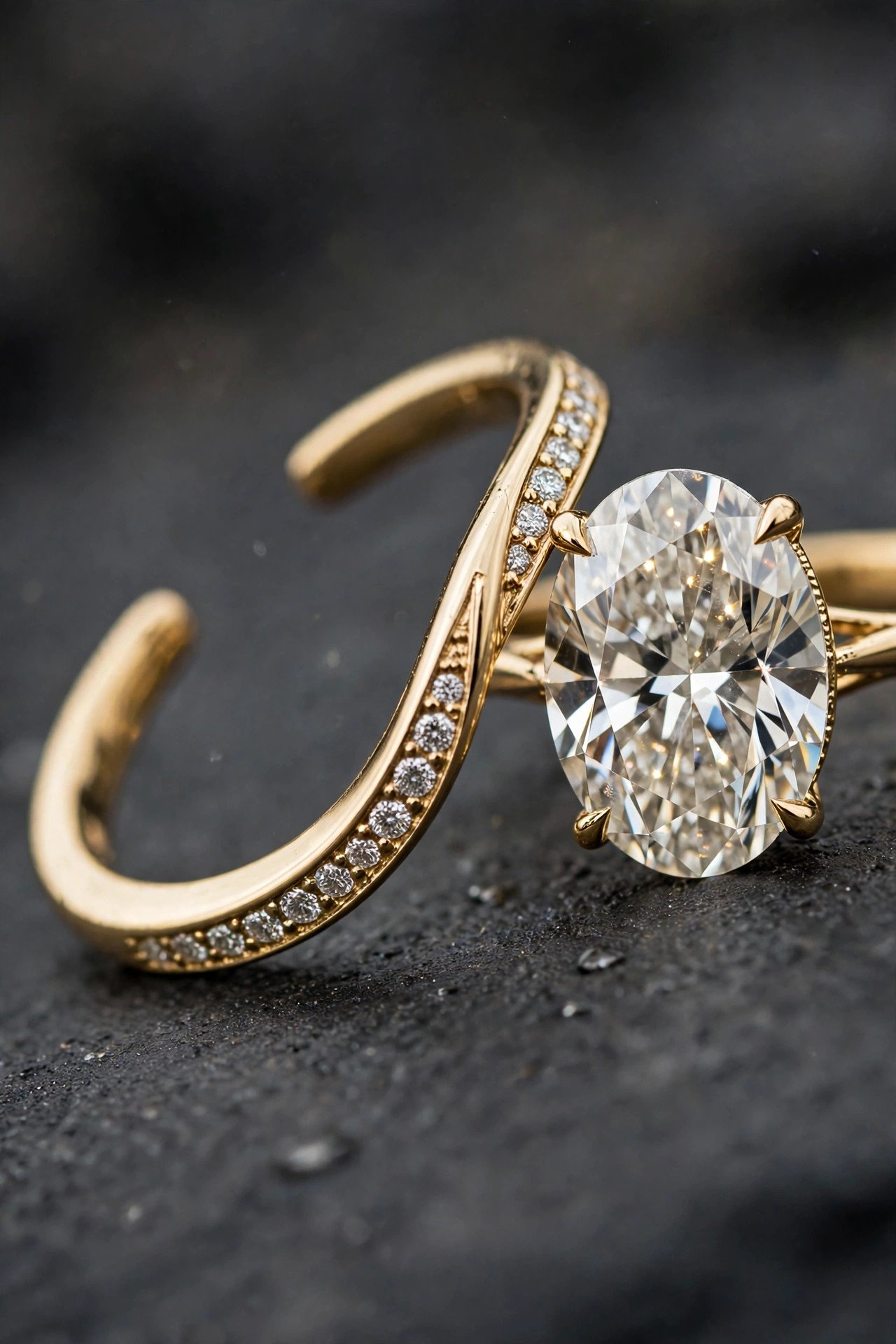 Open bypass curved band sweeping past an oval engagement ring