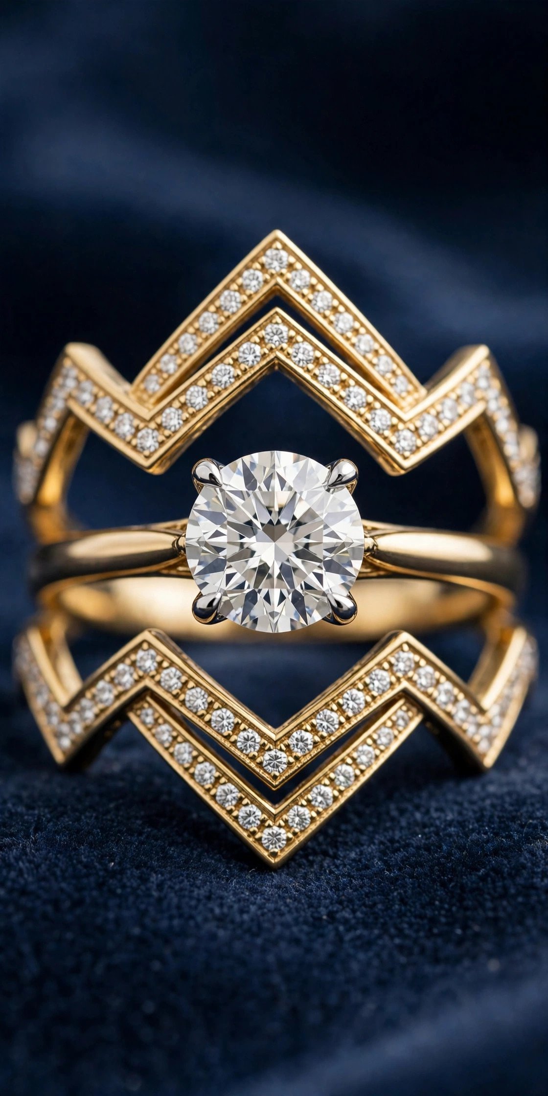 Double chevron bands framing a solitaire like a crown