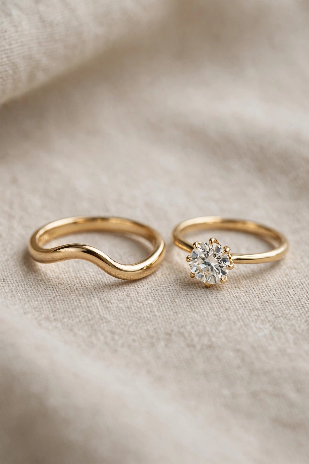 Plain gold wave shaped curved wedding band beside an engagement ring