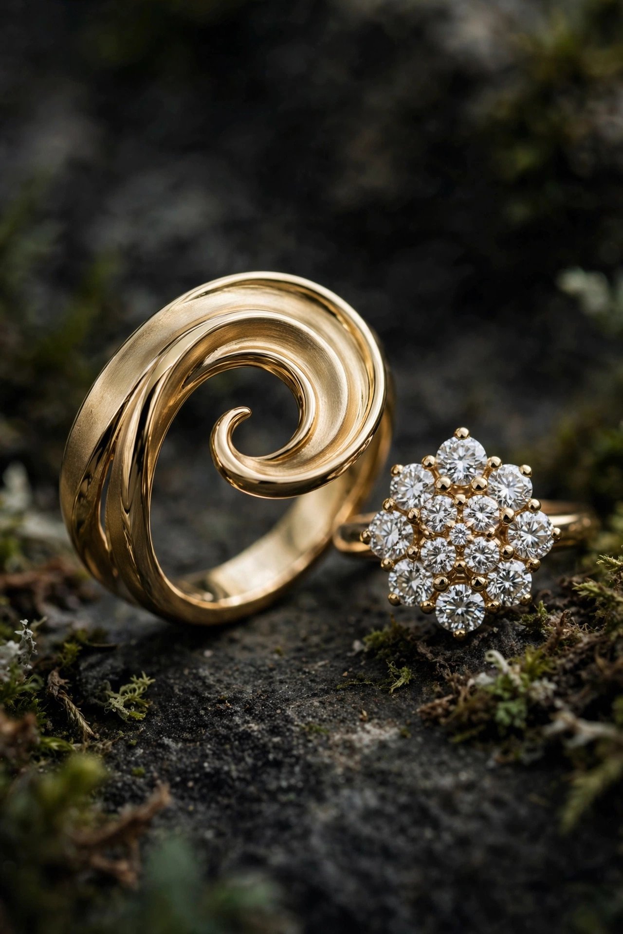 Asymmetric swirl curved band next to a cluster engagement ring