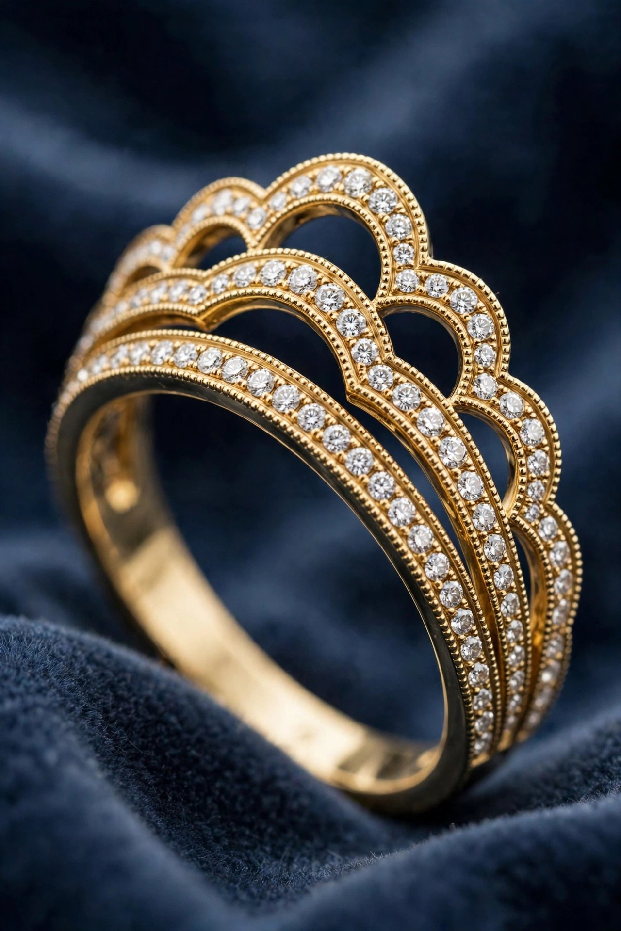 Tiara style curved band with milgrain detail and small diamonds