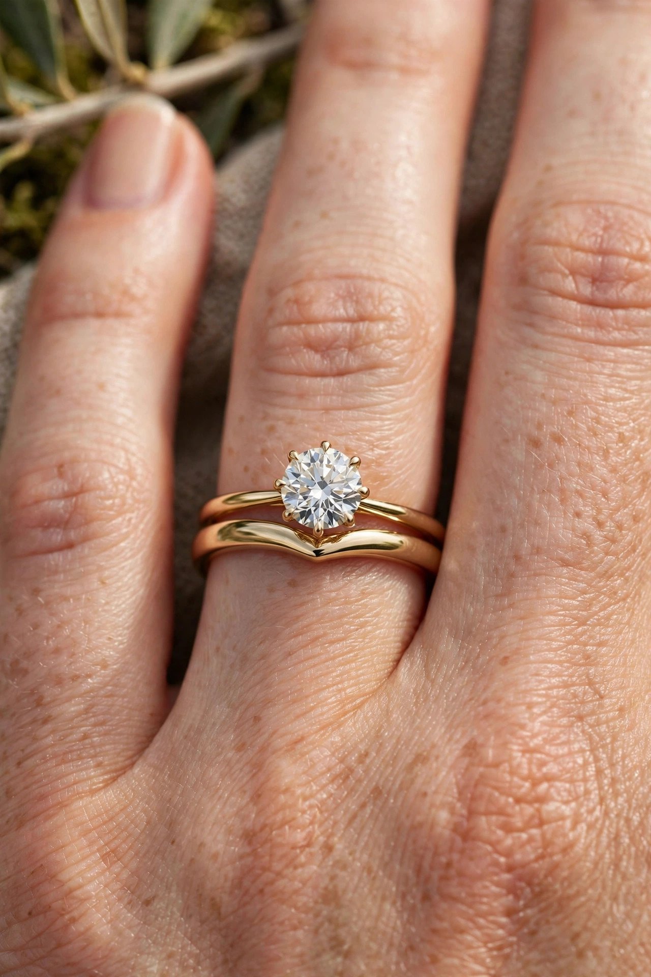Flat low profile curved wedding band sitting flush with engagement ring