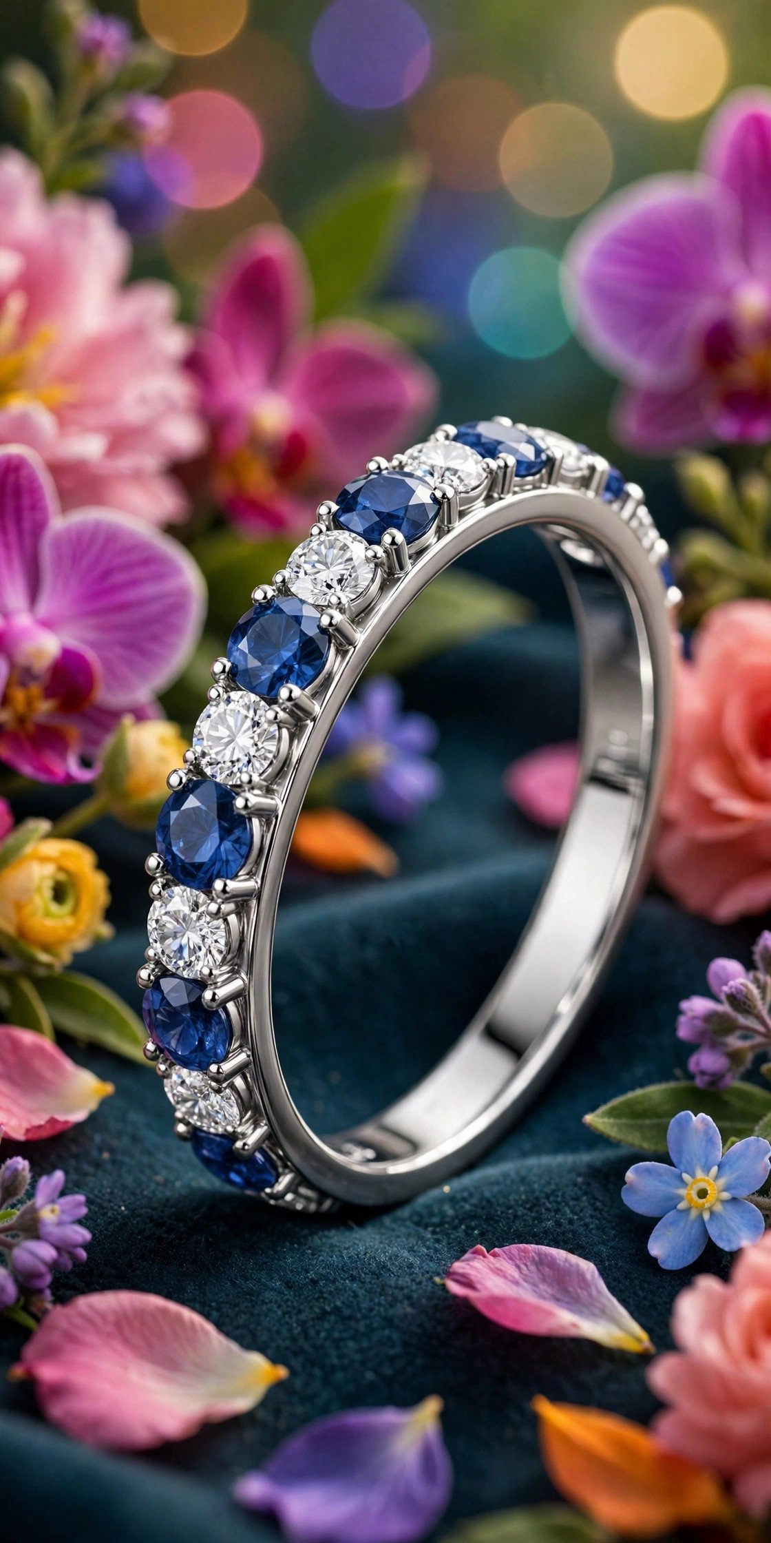 Curved band with alternating sapphires and diamonds