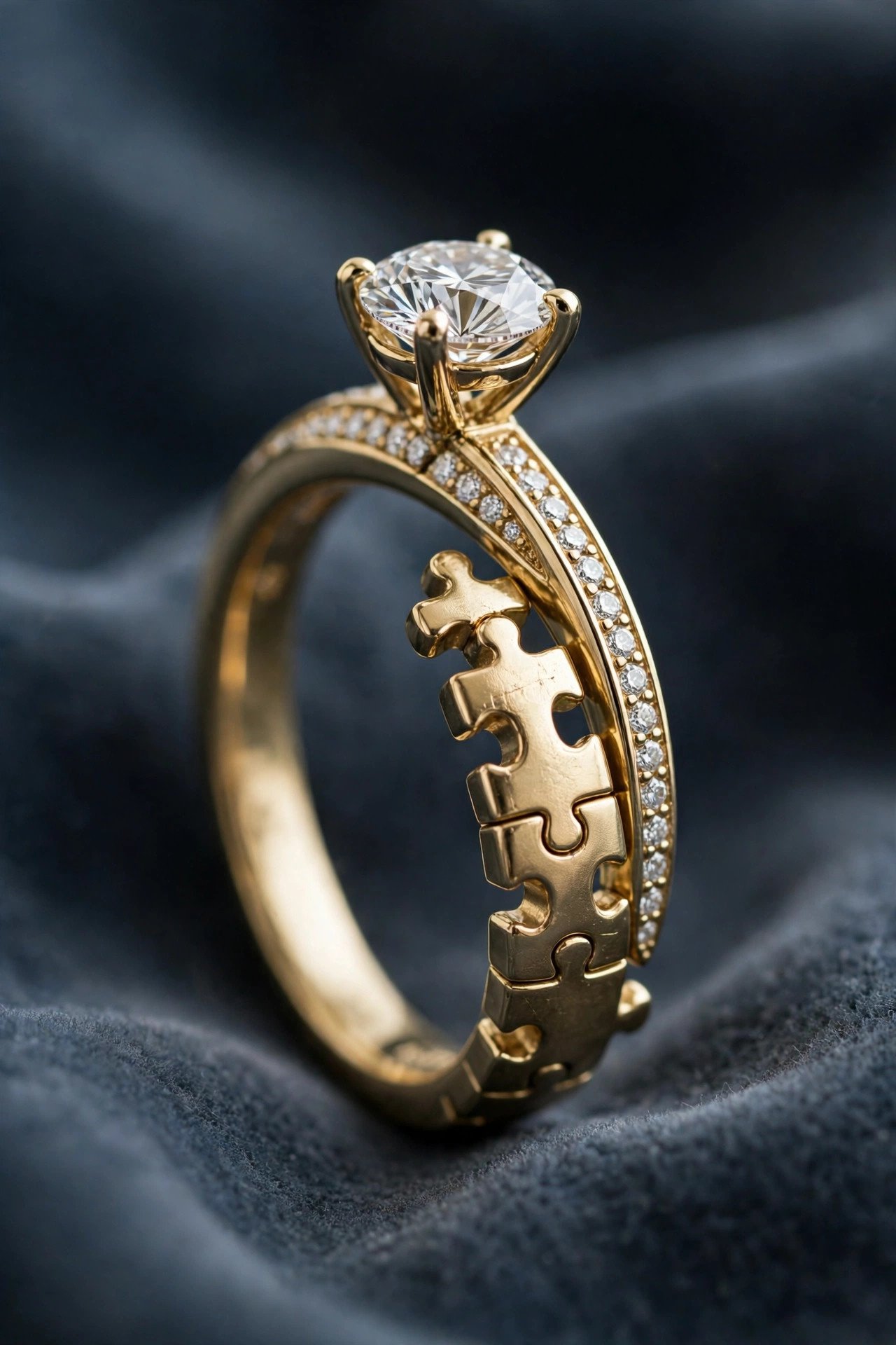 Interlocking puzzle fit curved band joined to an engagement ring