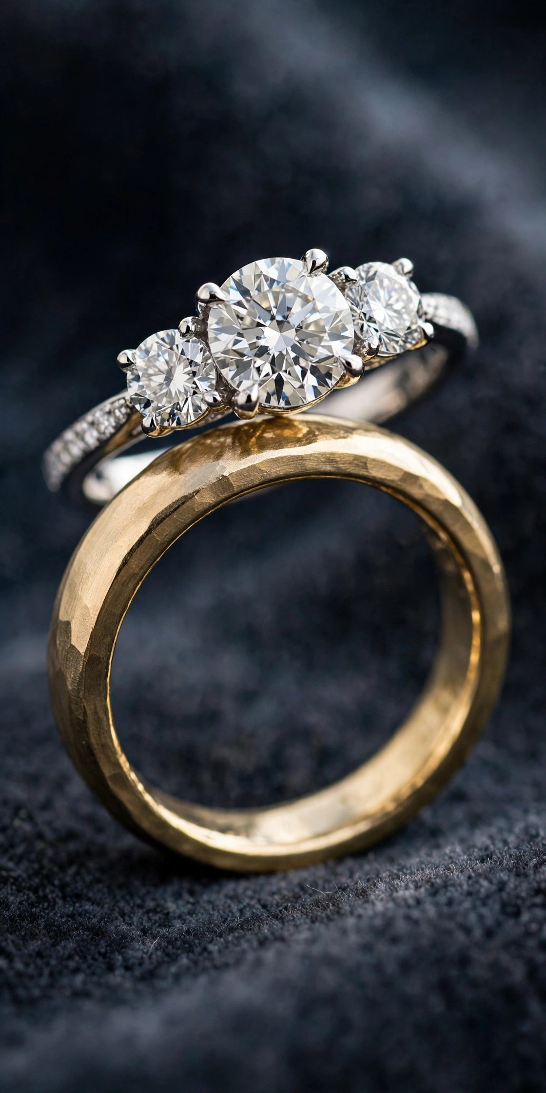 Wide curved band fitted under a three stone engagement ring