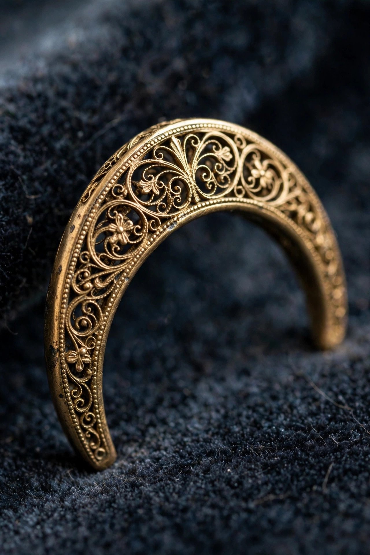 Vintage filigree curved wedding band with scrollwork