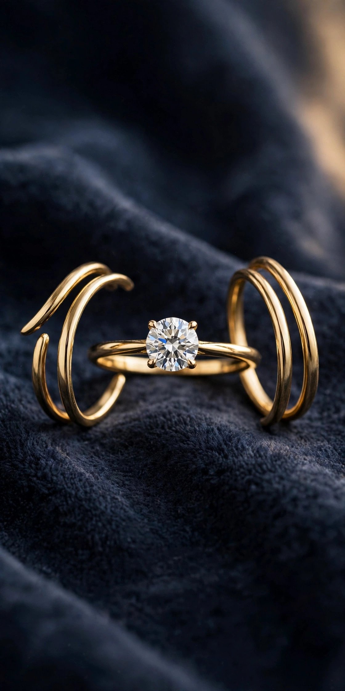Pair of slim stackable curved bands framing an engagement ring