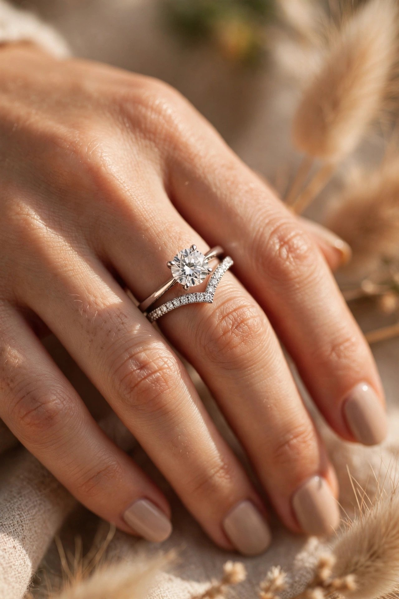 Curved diamond wedding band nestled flush against a solitaire engagement ring
