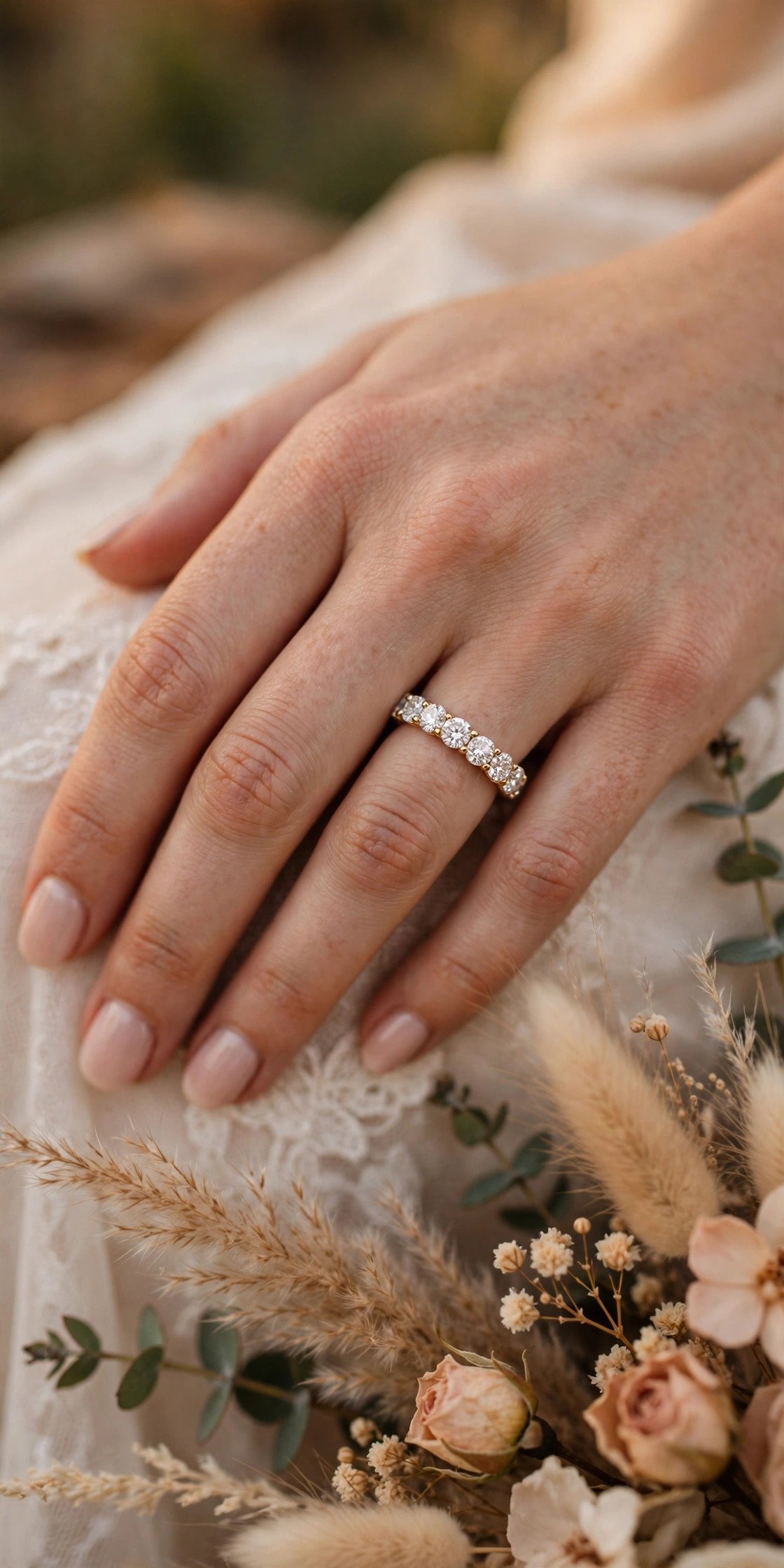 Round brilliant full eternity diamond band in shared prongs