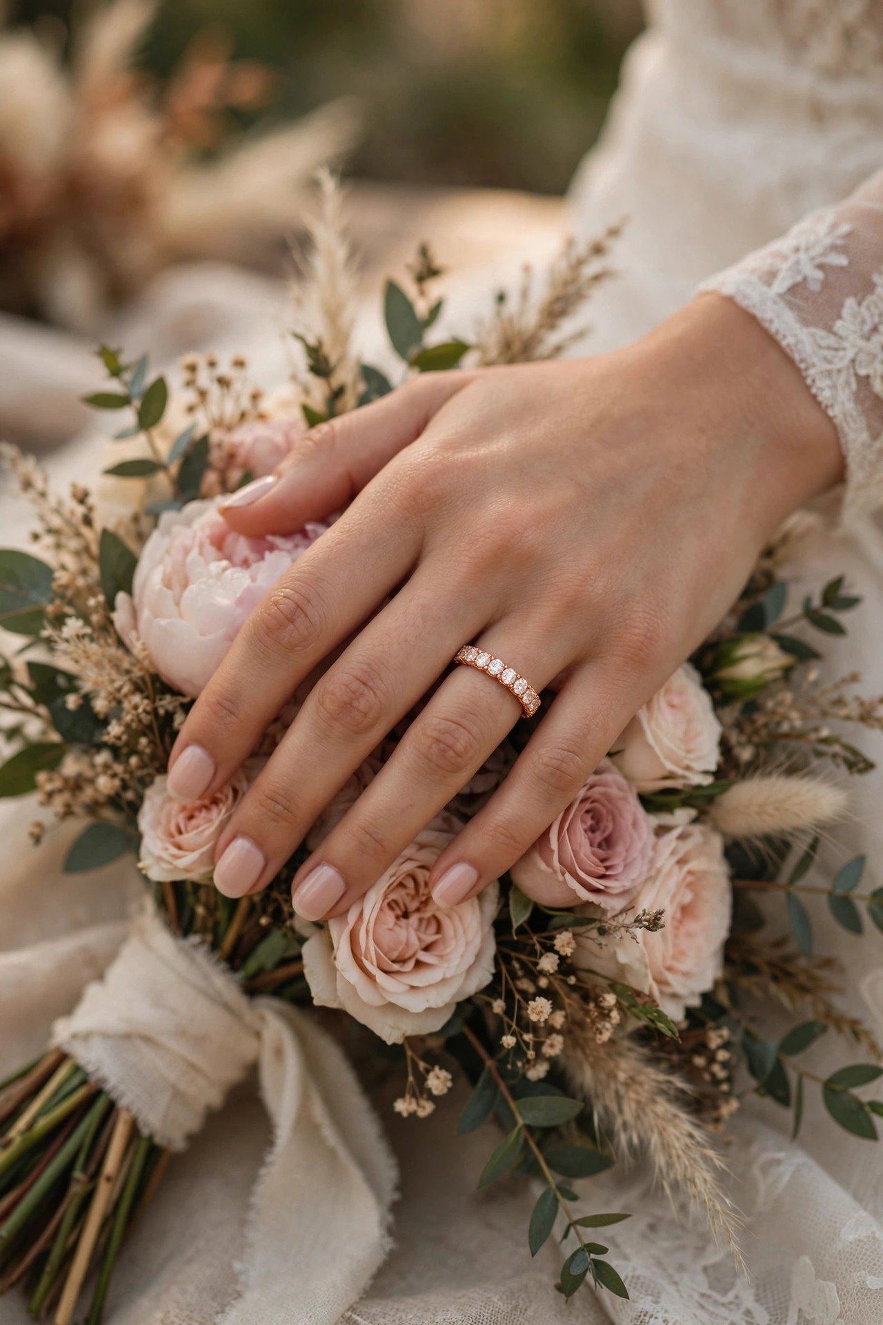 Rose gold eternity band with round diamonds