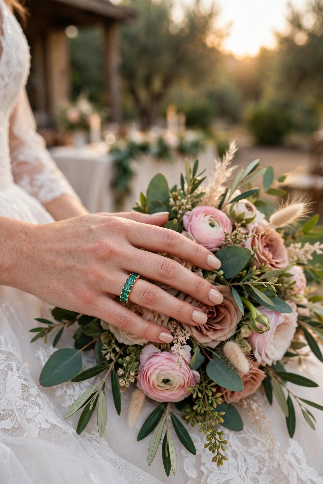 Emerald gemstone eternity band in yellow gold