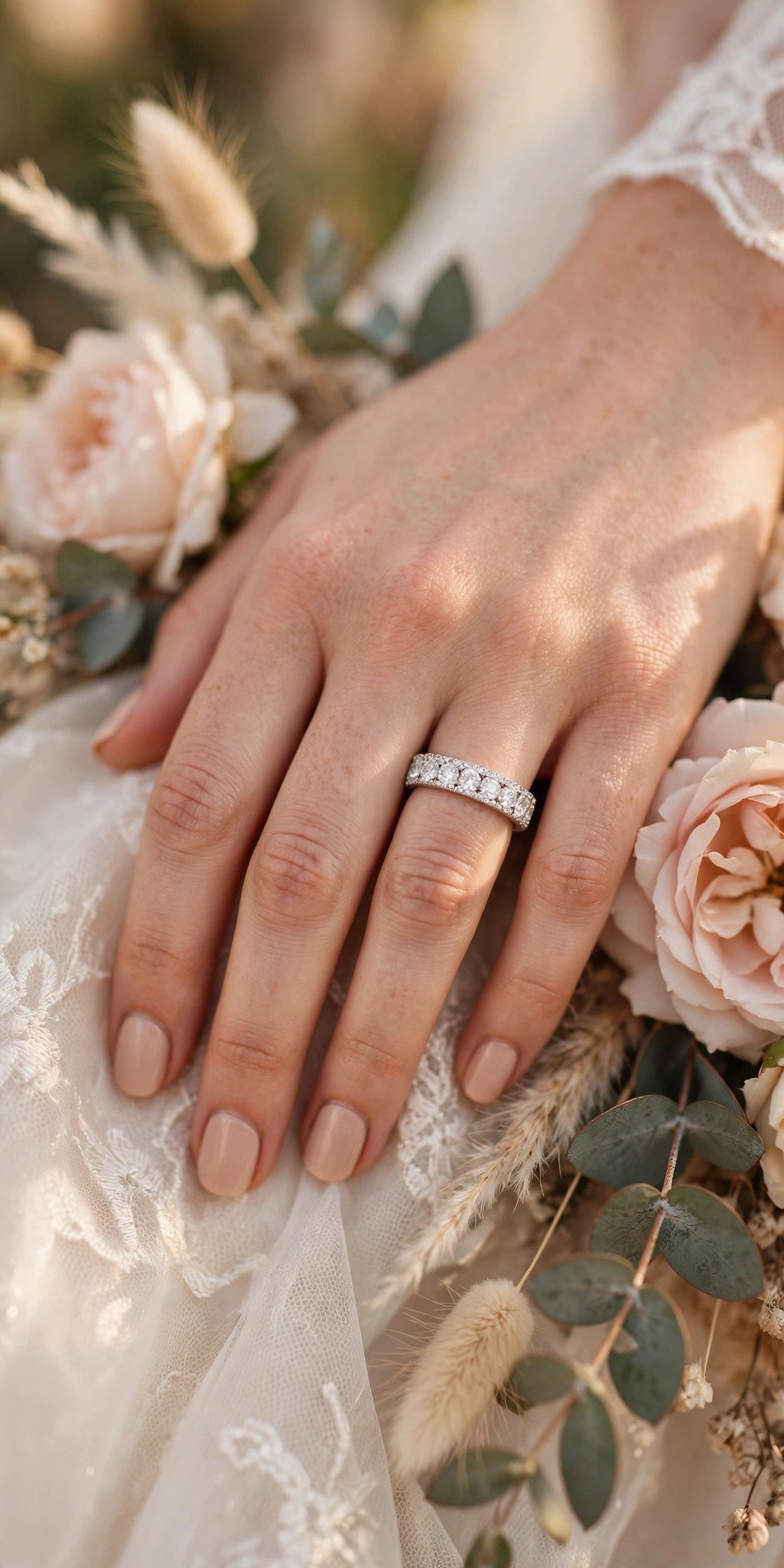 Wide 4mm diamond eternity band worn alone