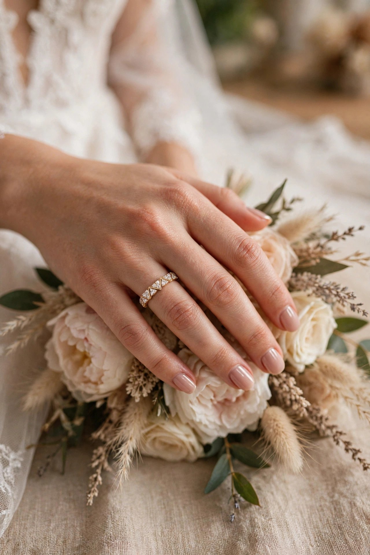 French pave eternity band with V cut setting detail
