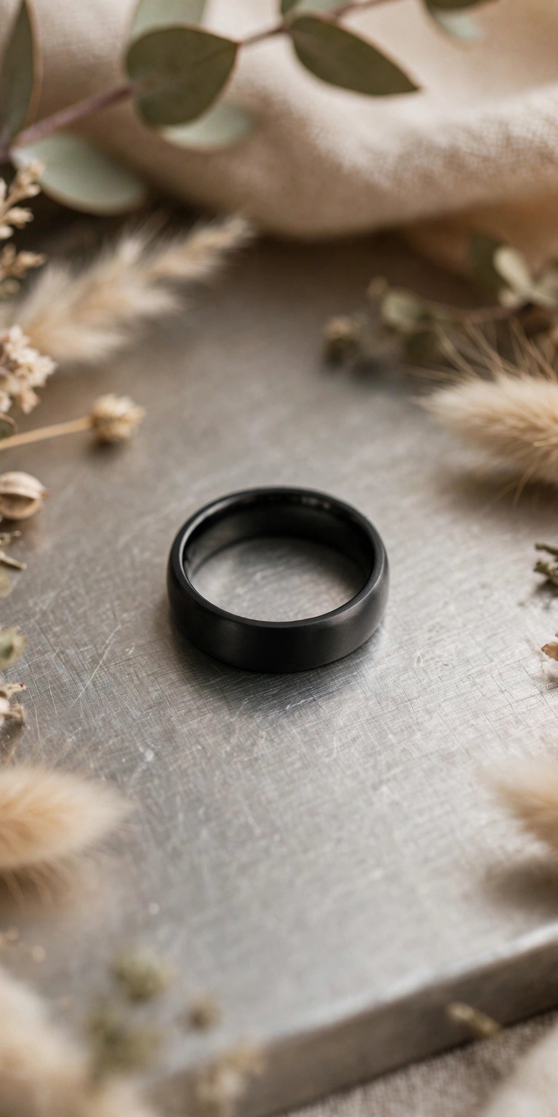 Black zirconium wedding band with satin finish