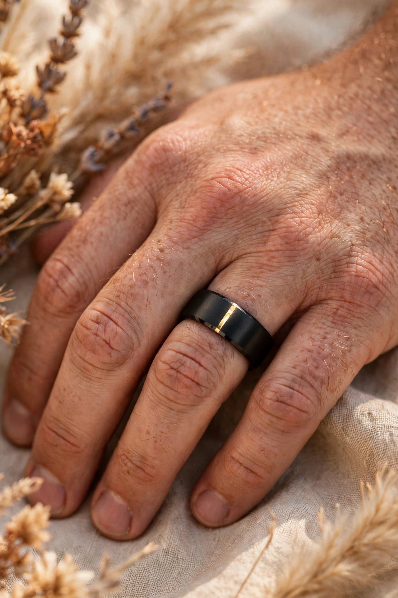 Black tungsten band with a gold inlay stripe