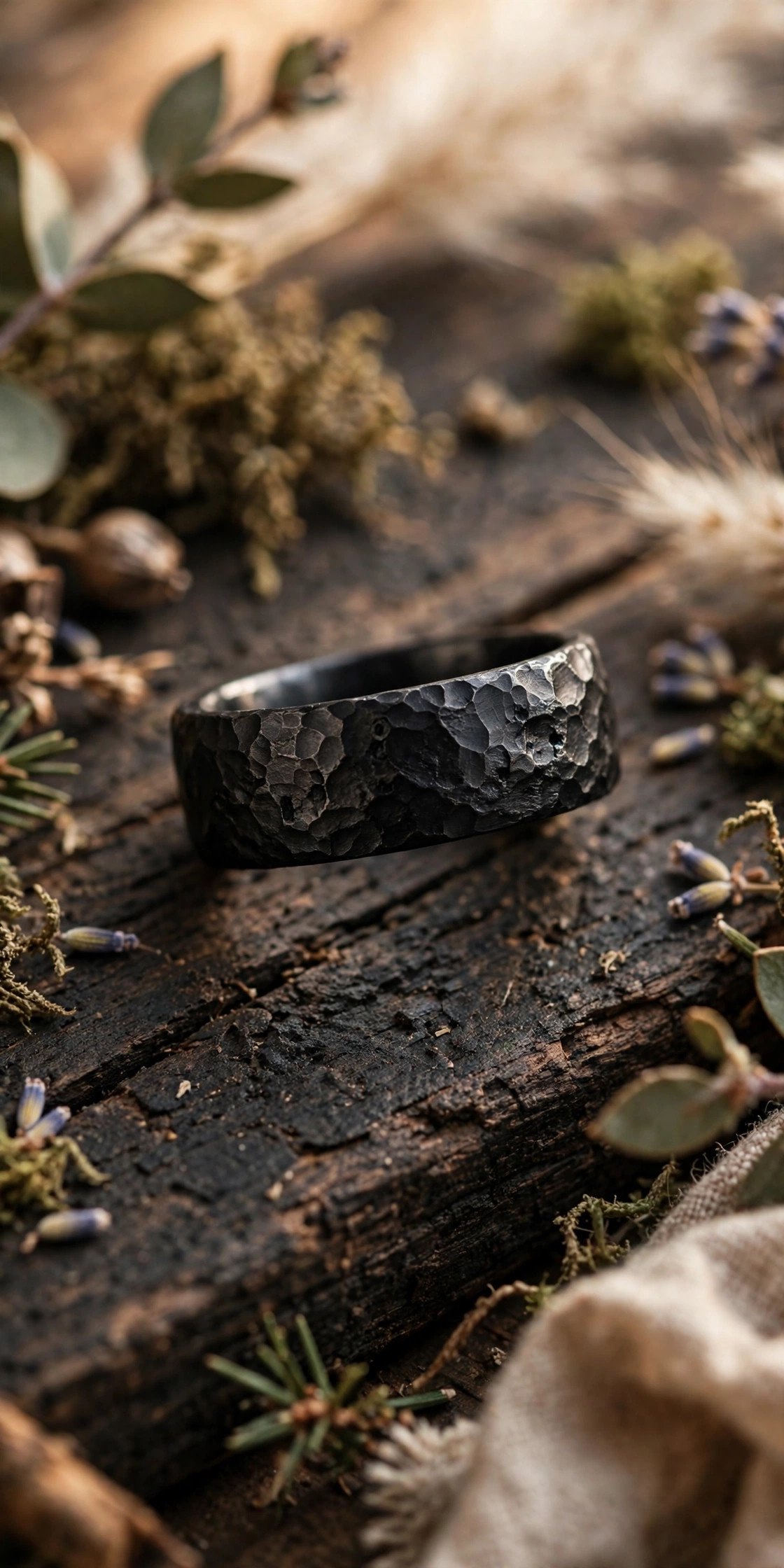 Hammered black wedding band with textured surface