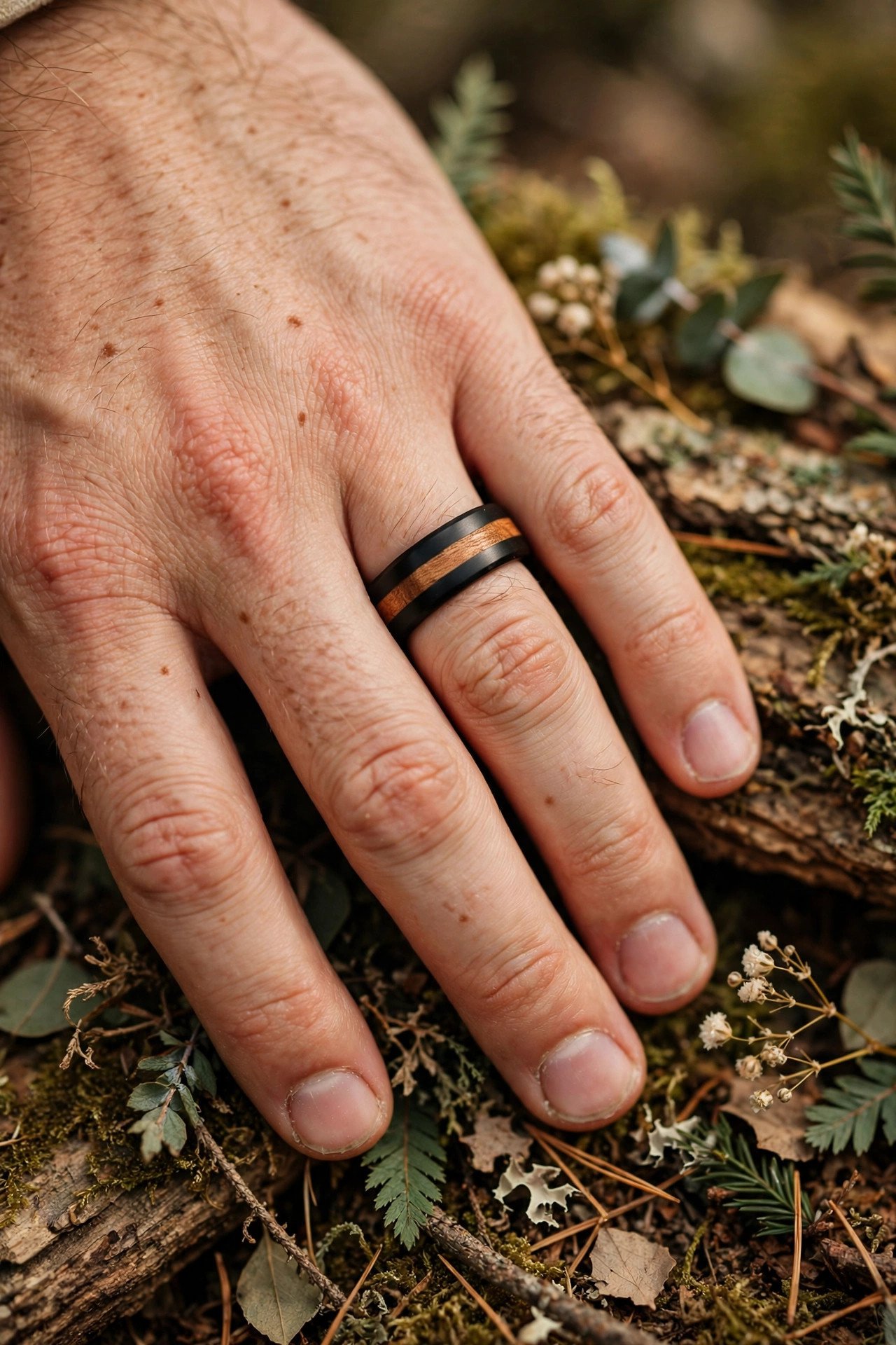 Black wedding band with wooden inlay strip