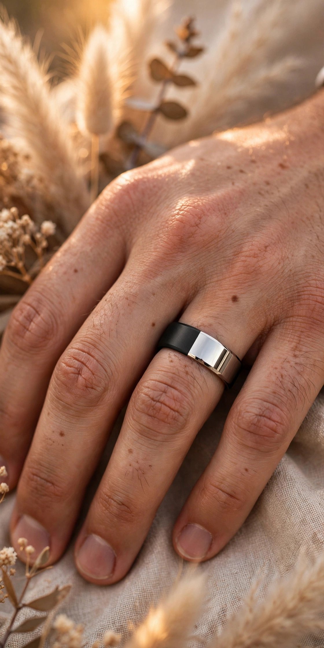 Black and silver two tone men's wedding band