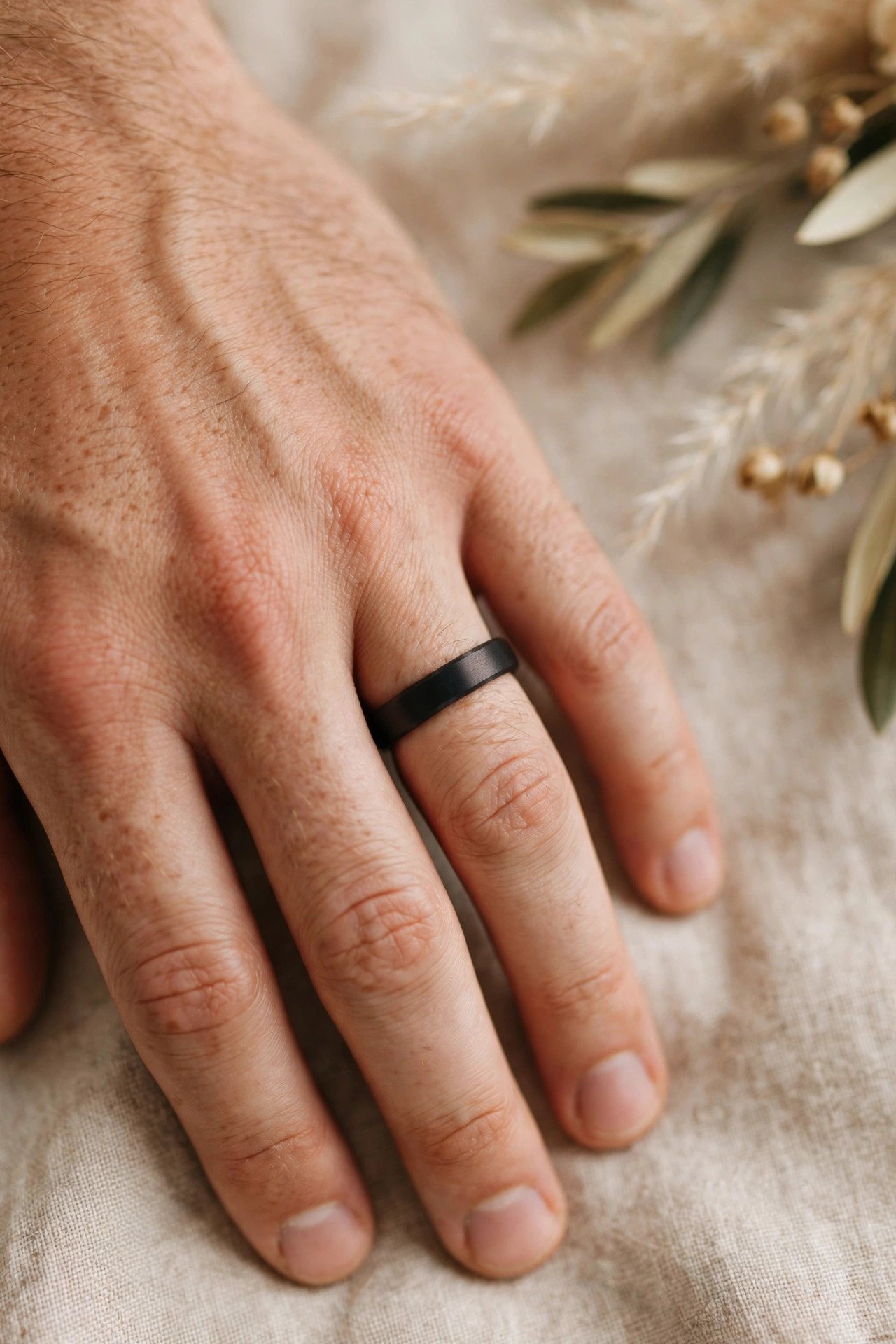 Slim 6mm black wedding band with satin finish