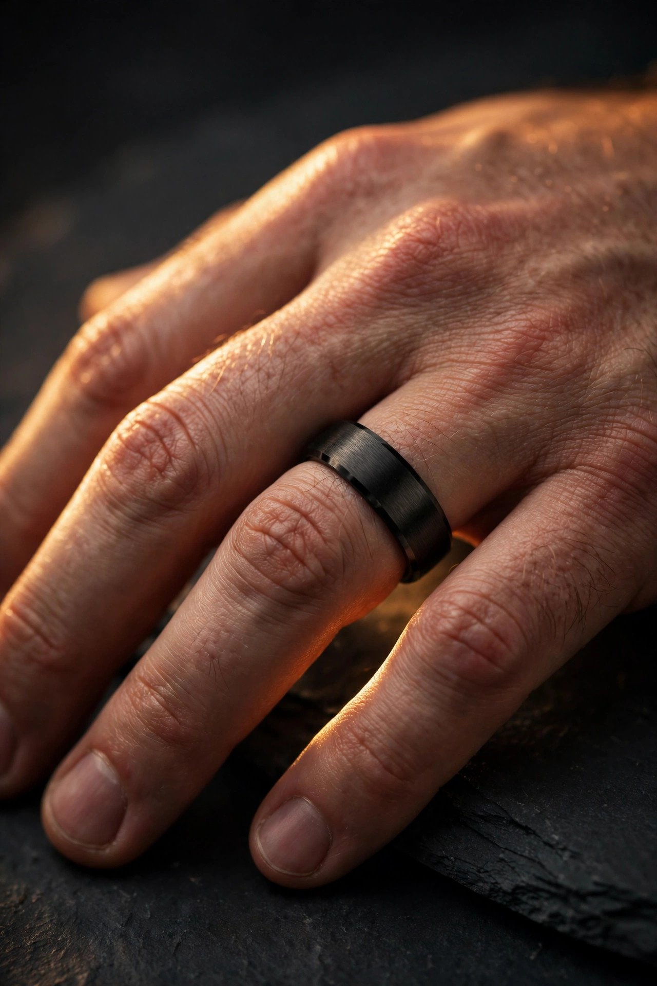 Black tungsten wedding band with brushed finish on a man's hand