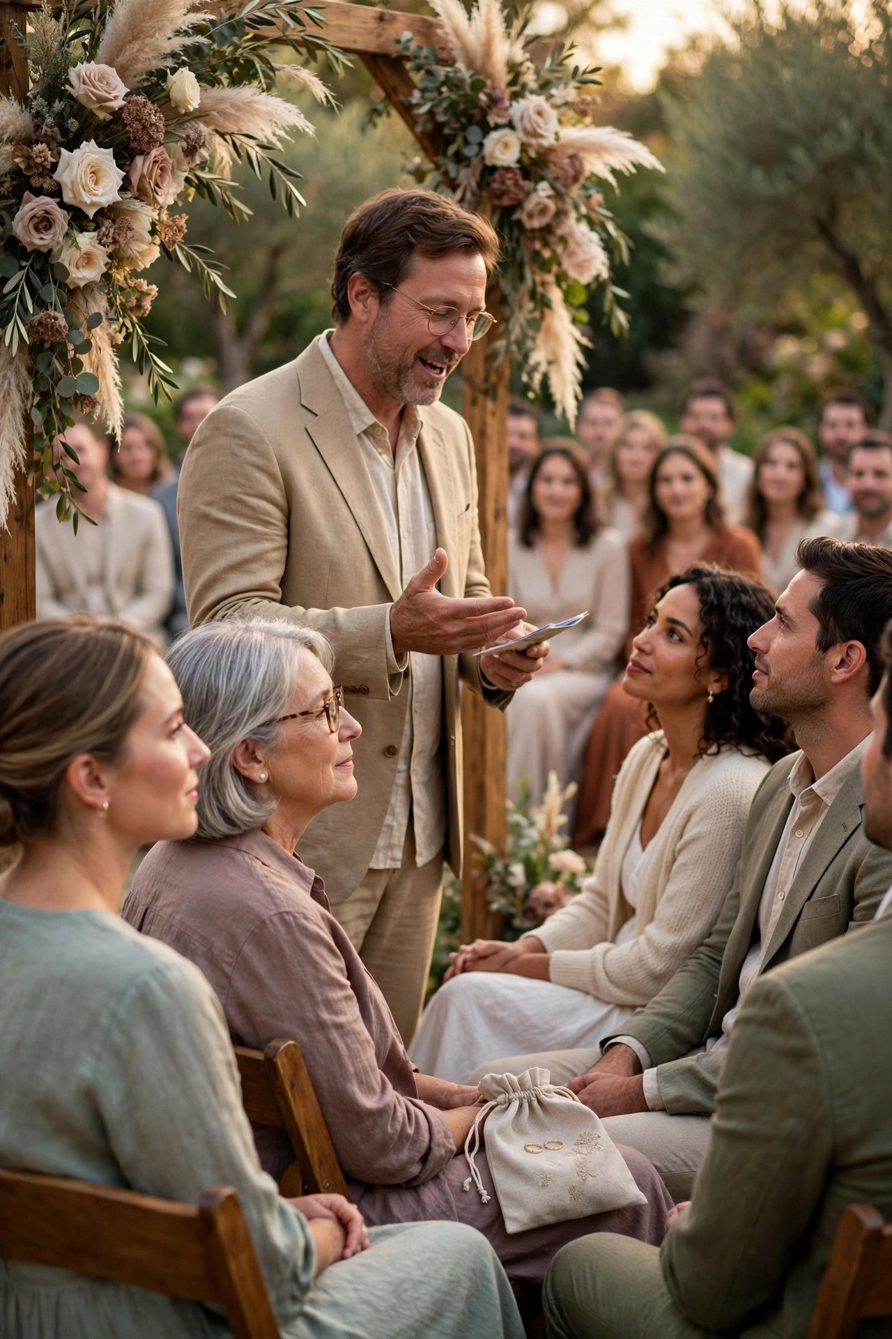 Officiant announcing the ring warming to seated guests