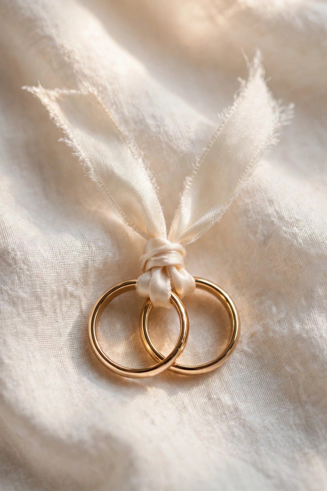 Wedding rings tied securely onto a silk ribbon