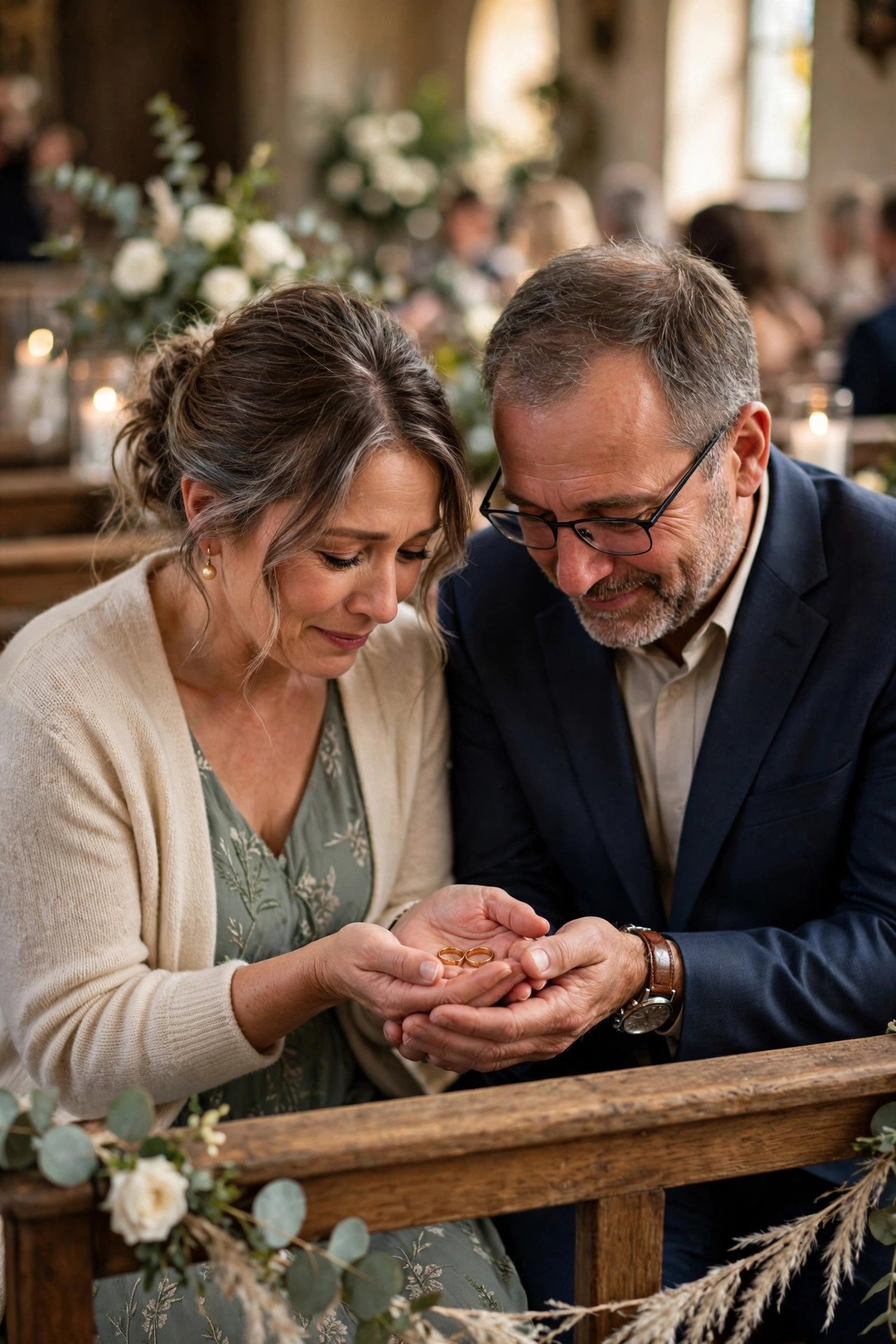 Parents warming the wedding rings in the front row