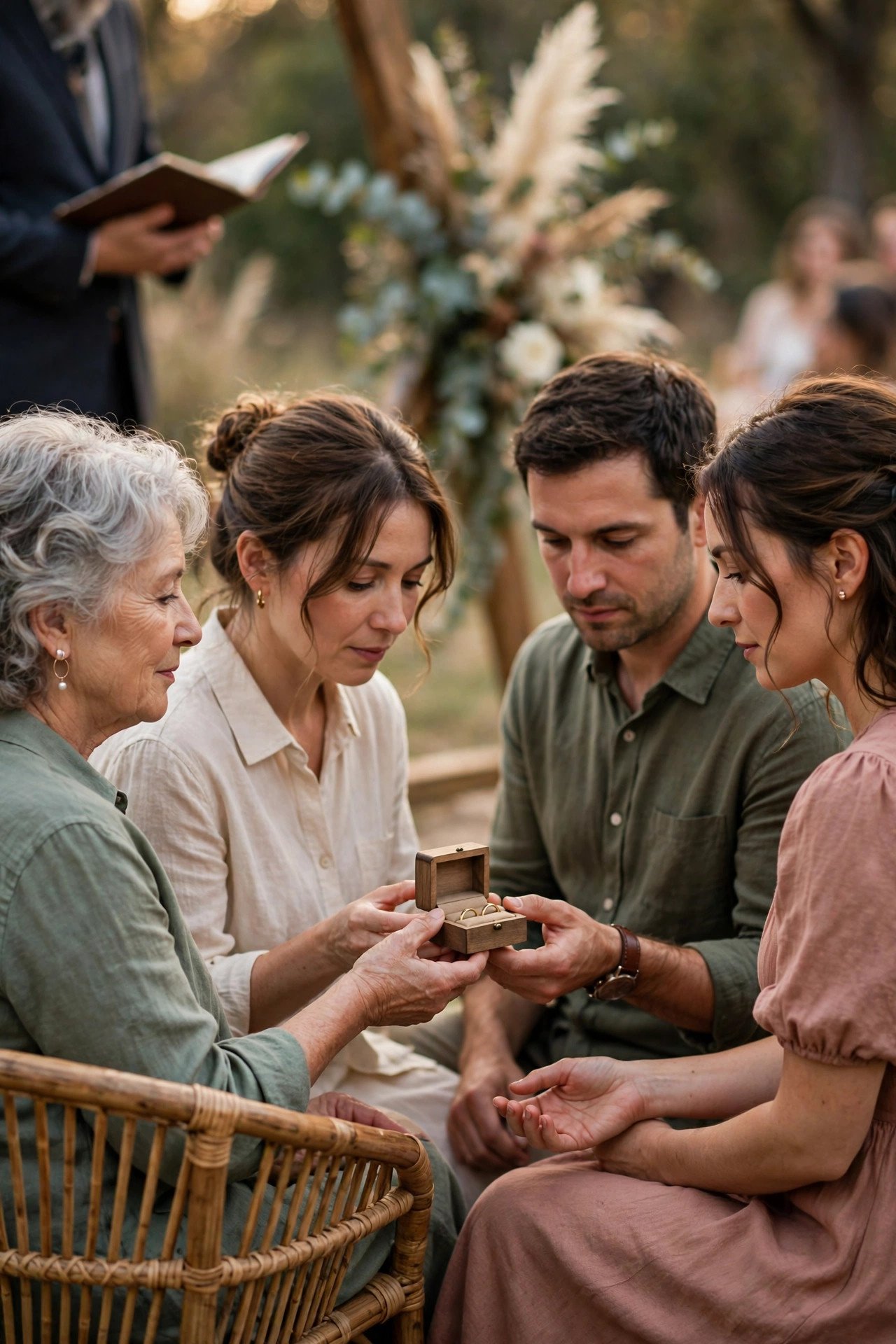 Guests passing rings during a ceremony reading