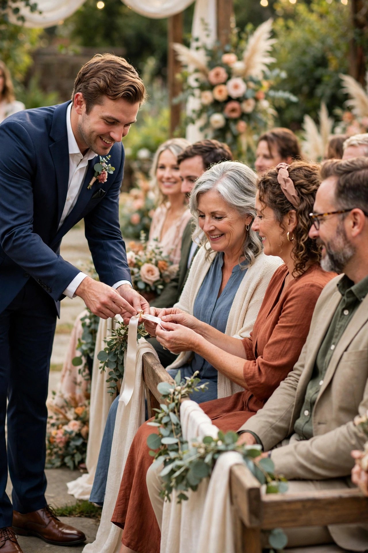 Usher guiding the ring pass along a row of guests