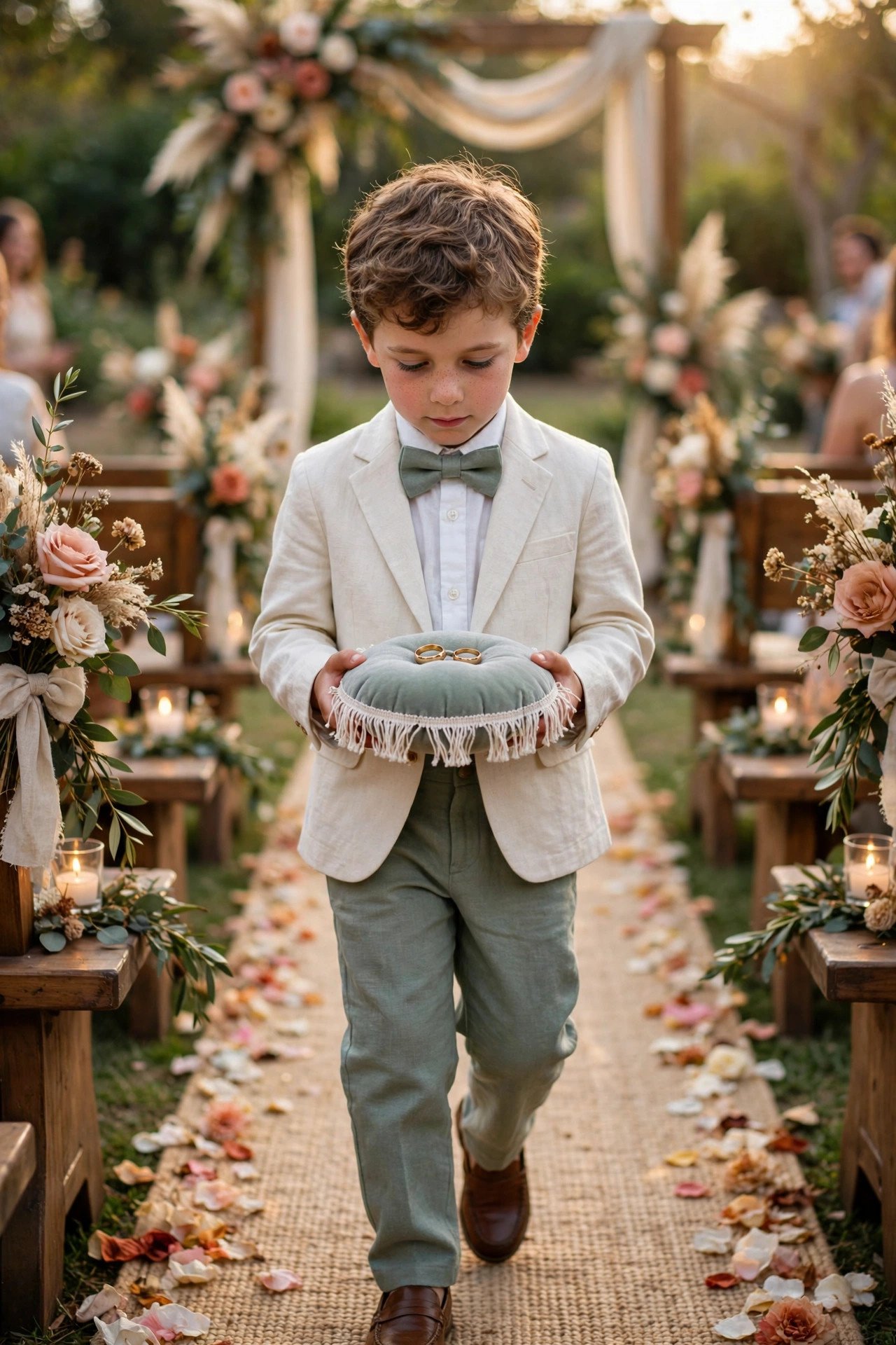 Ring bearer carrying the warmed rings down the aisle