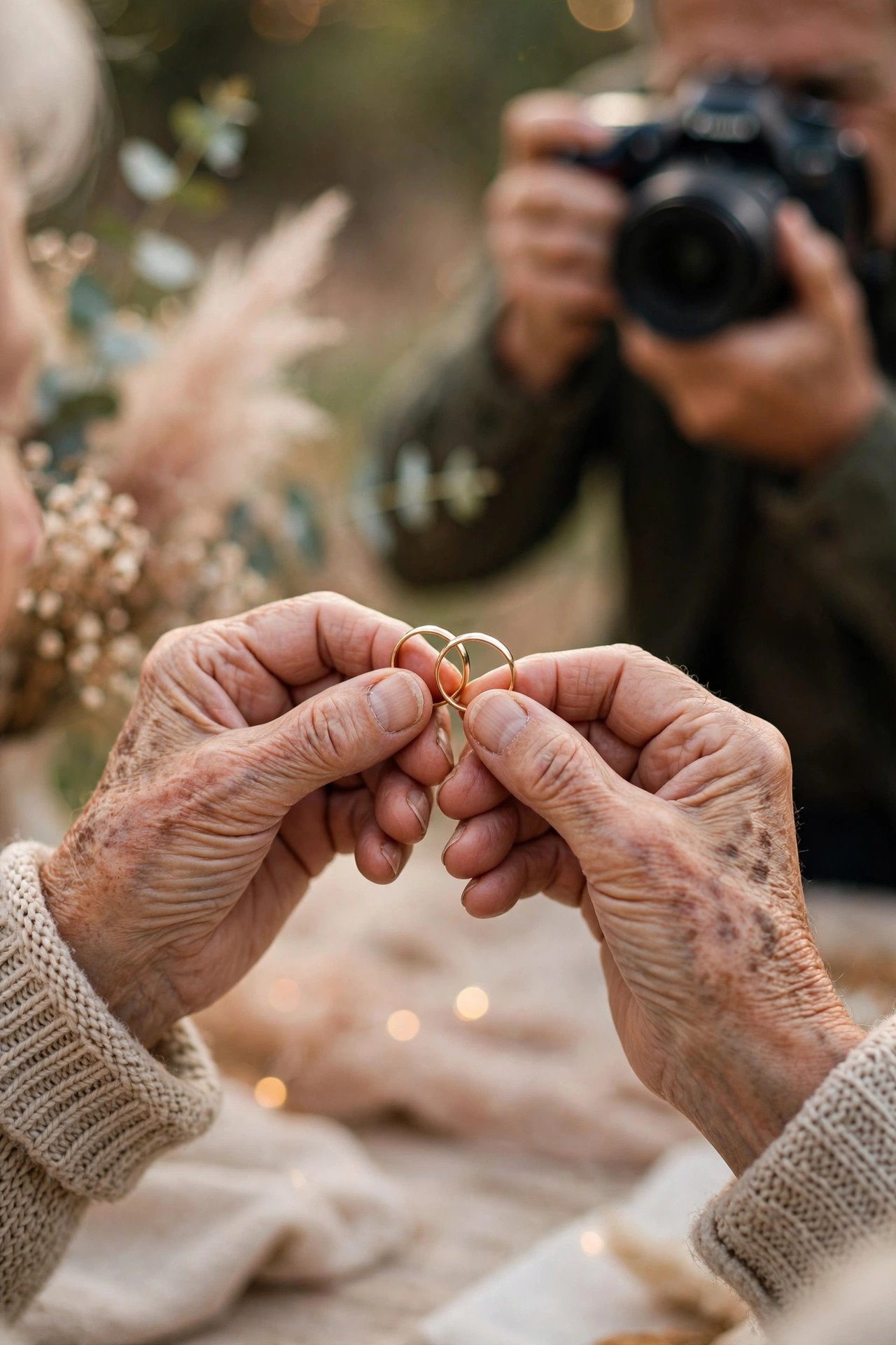 Close photograph of elderly hands holding wedding rings