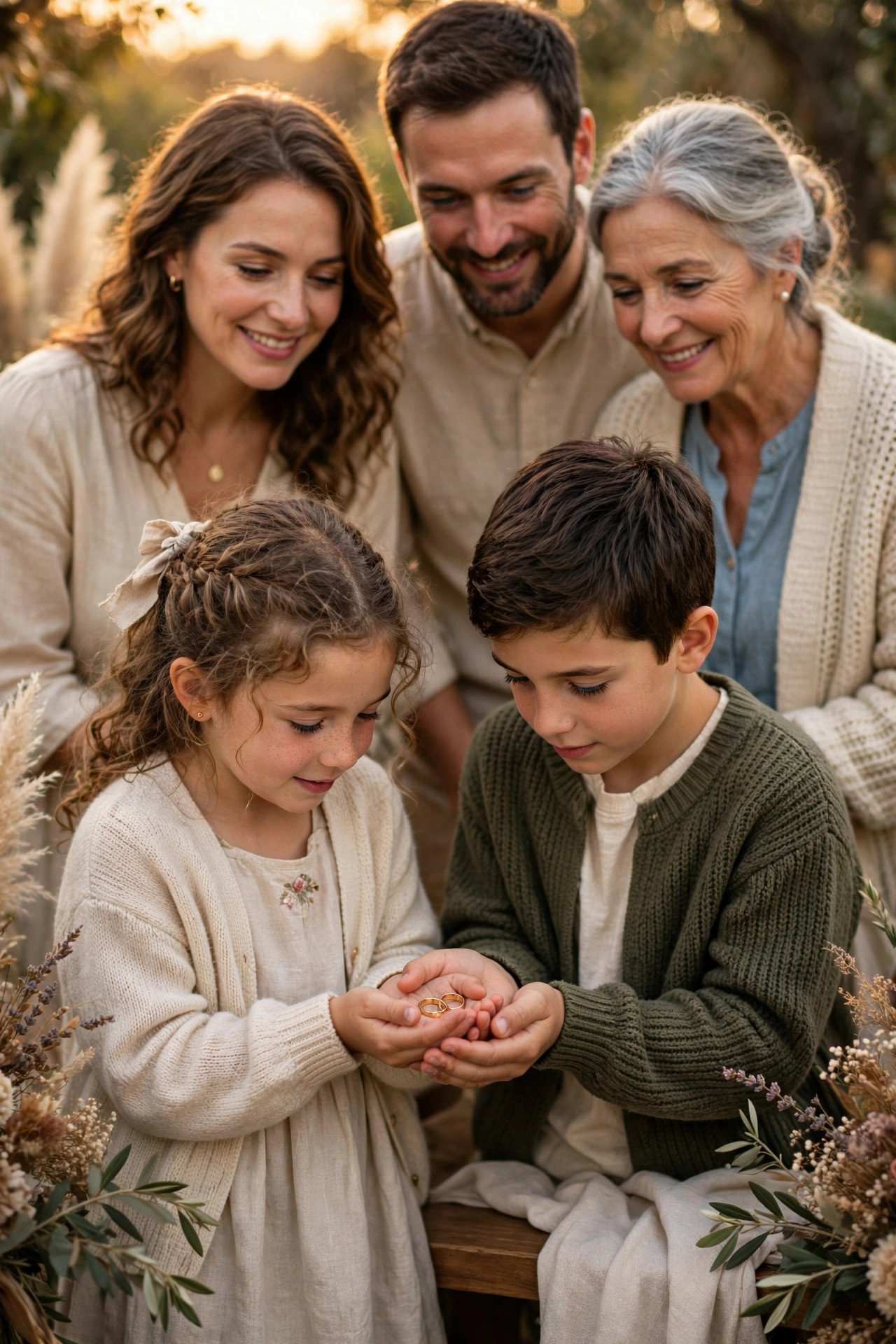 Grandchildren warming parents' original wedding rings