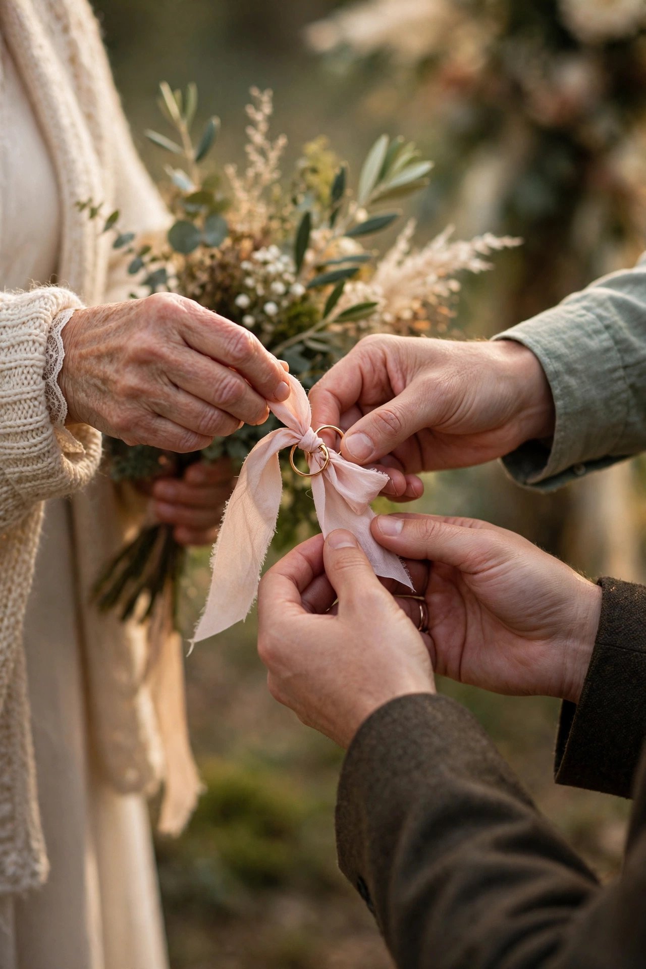 Wedding rings tied with ribbon being passed gently between guests' hands