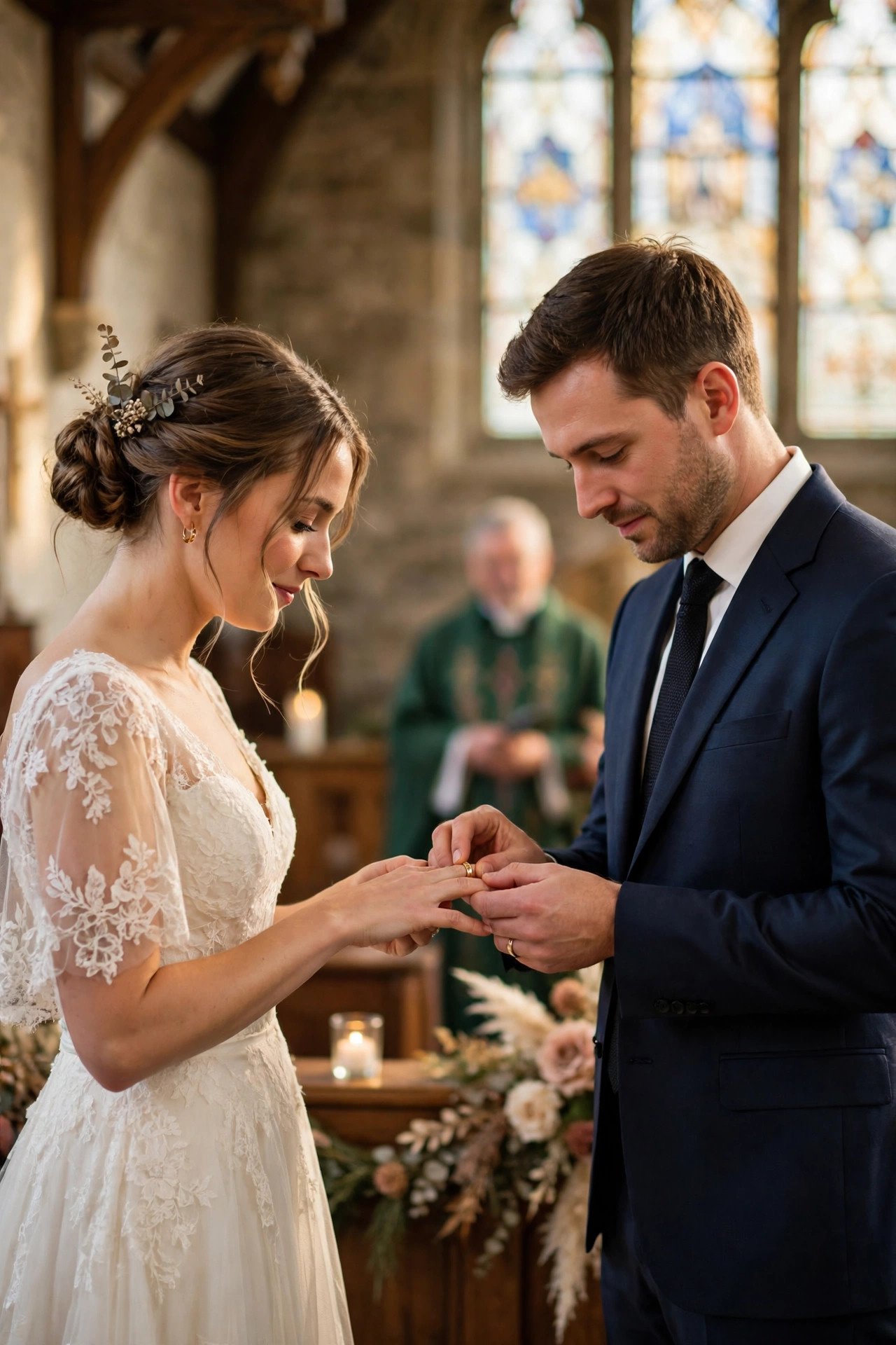 Ring exchange during a church wedding ceremony