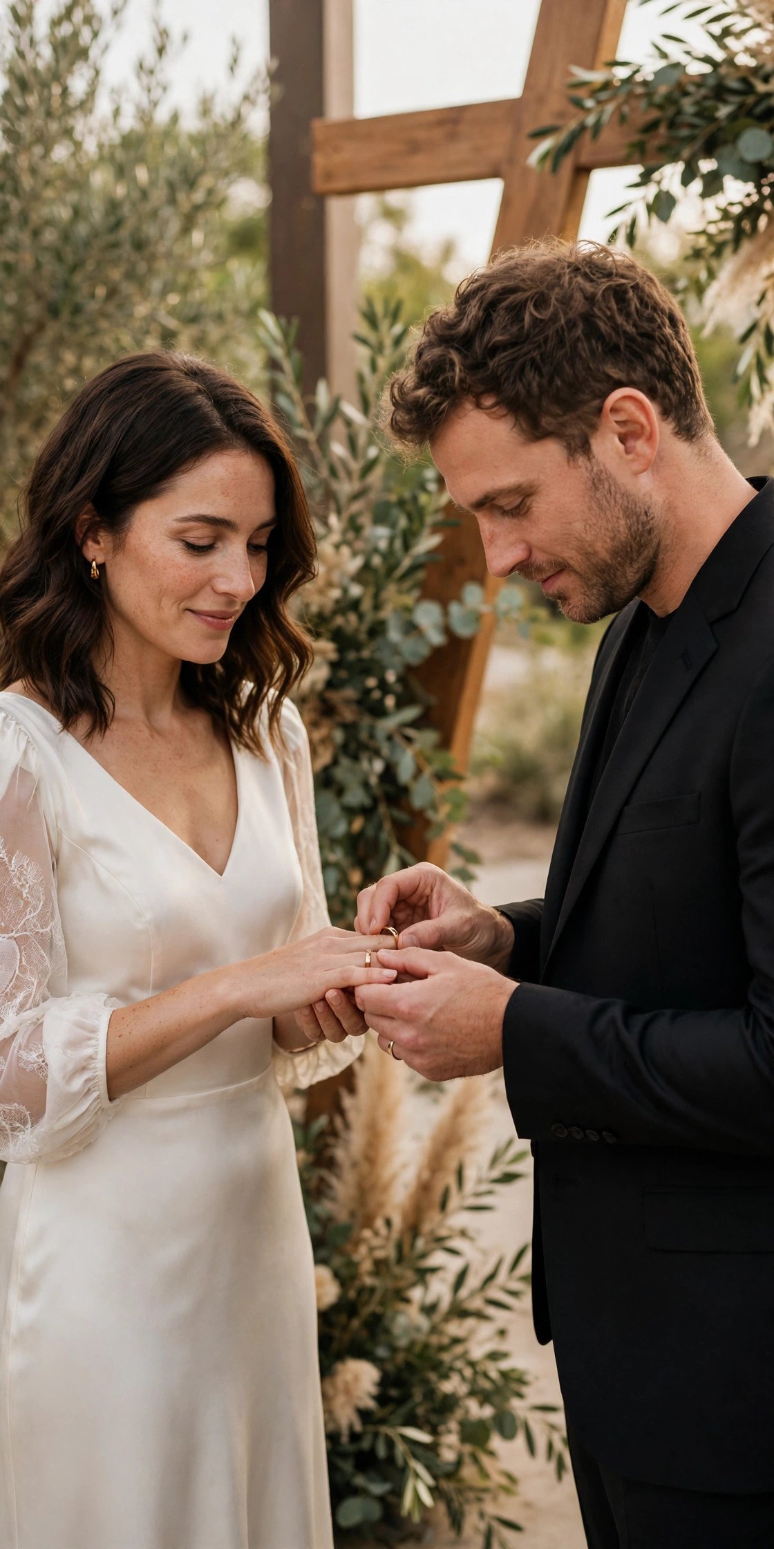 Partner placing a ring during a modern ceremony